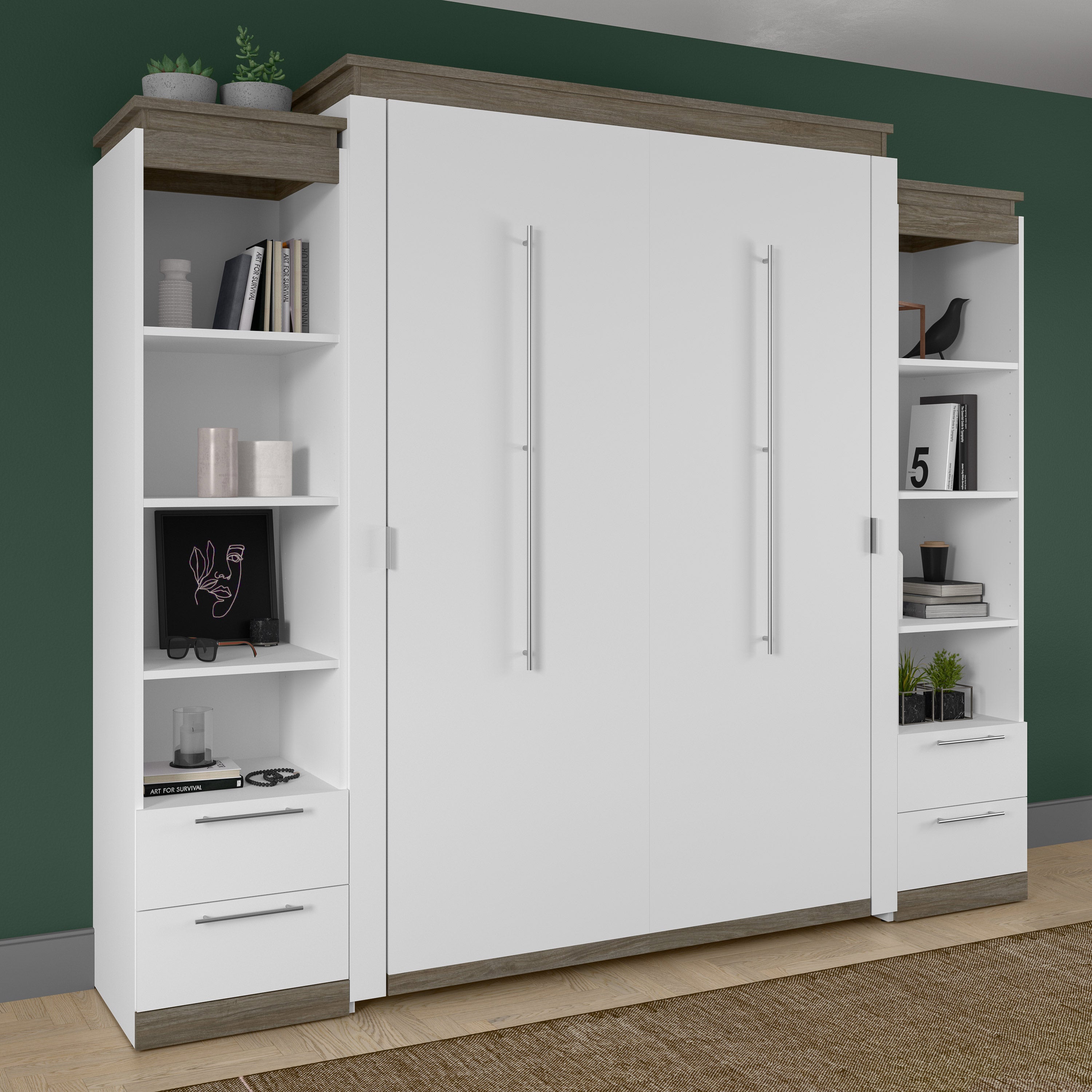Orion Queen Wall Bed with 2 Shelving Units with Drawers