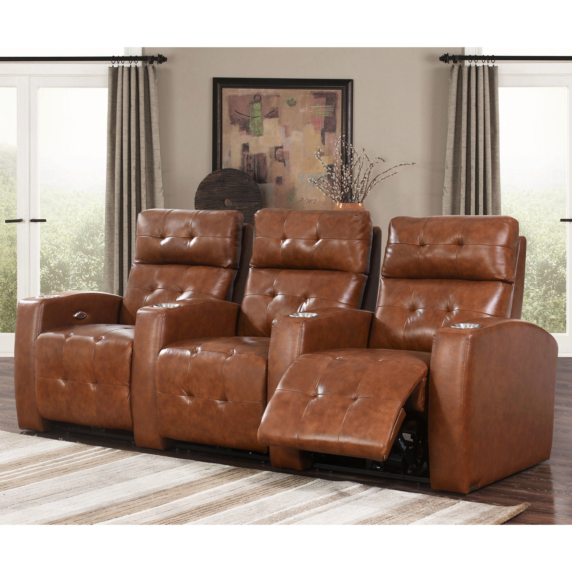 Andria 3-piece Top Grain Leather Power Media Recliners Living Room Set - Camel