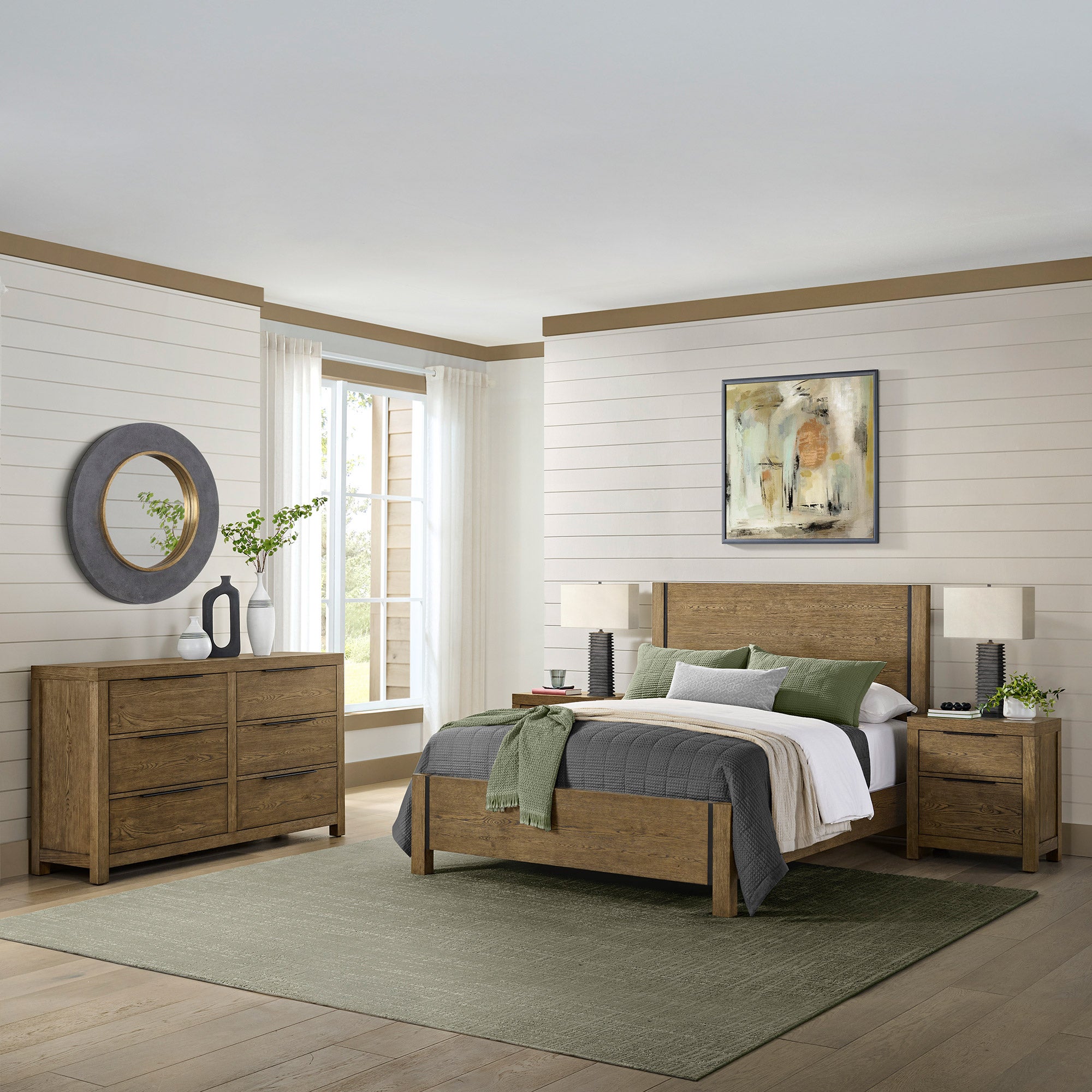 Baylor Panel Bed Frame with Black Metal Accents, Rustic Oak Finish