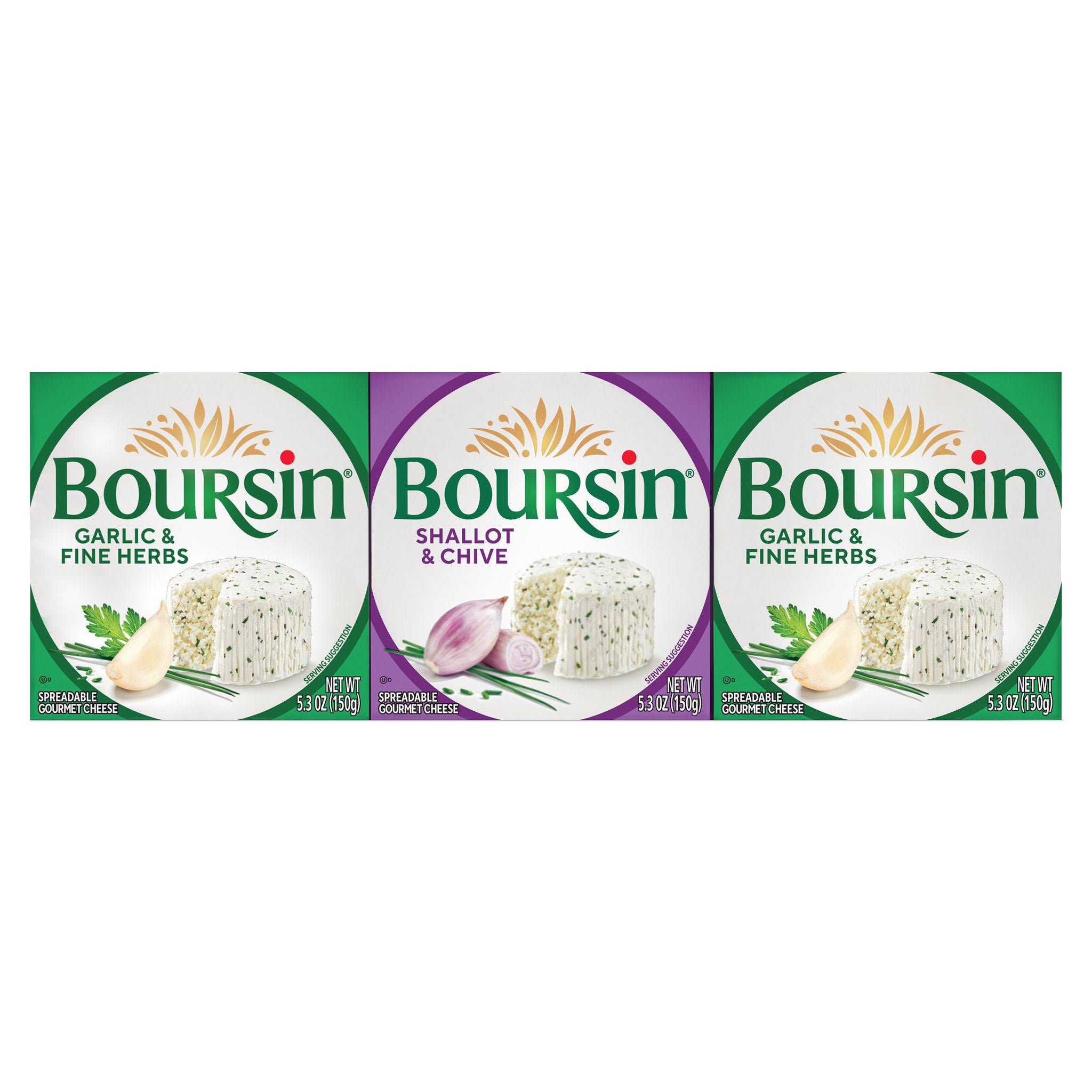 Boursin Garlic & Fine Herbs + Shallot & Chive, Gourmet Cheese, 5.3 oz, 3-count