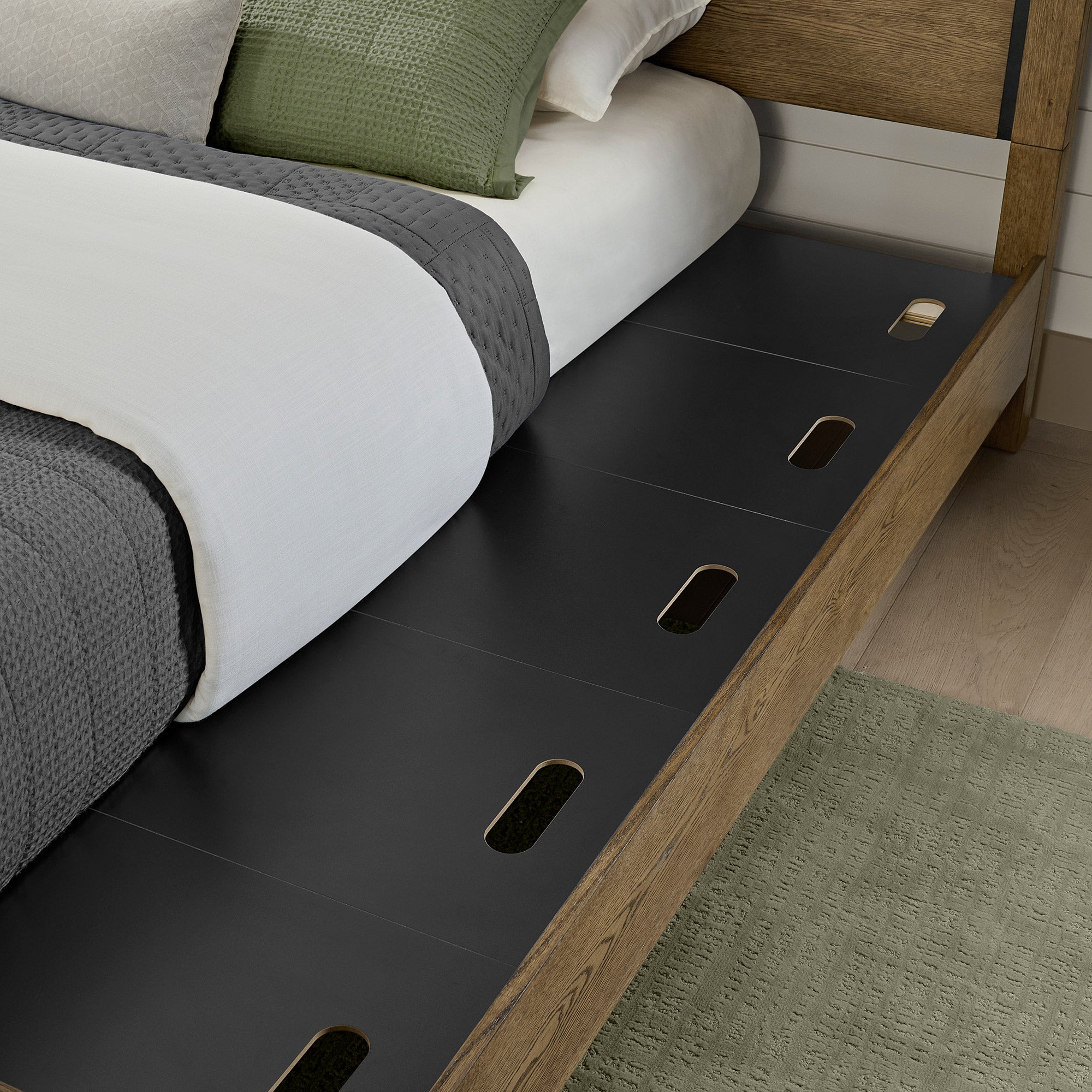 Baylor Panel Bed Frame with Black Metal Accents, Rustic Oak Finish