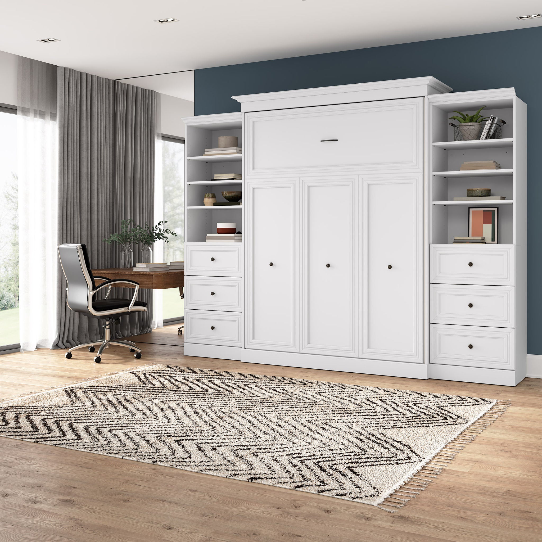 Bestar Audrea Queen Wall Bed in White with two 25" Storage Units with Drawers