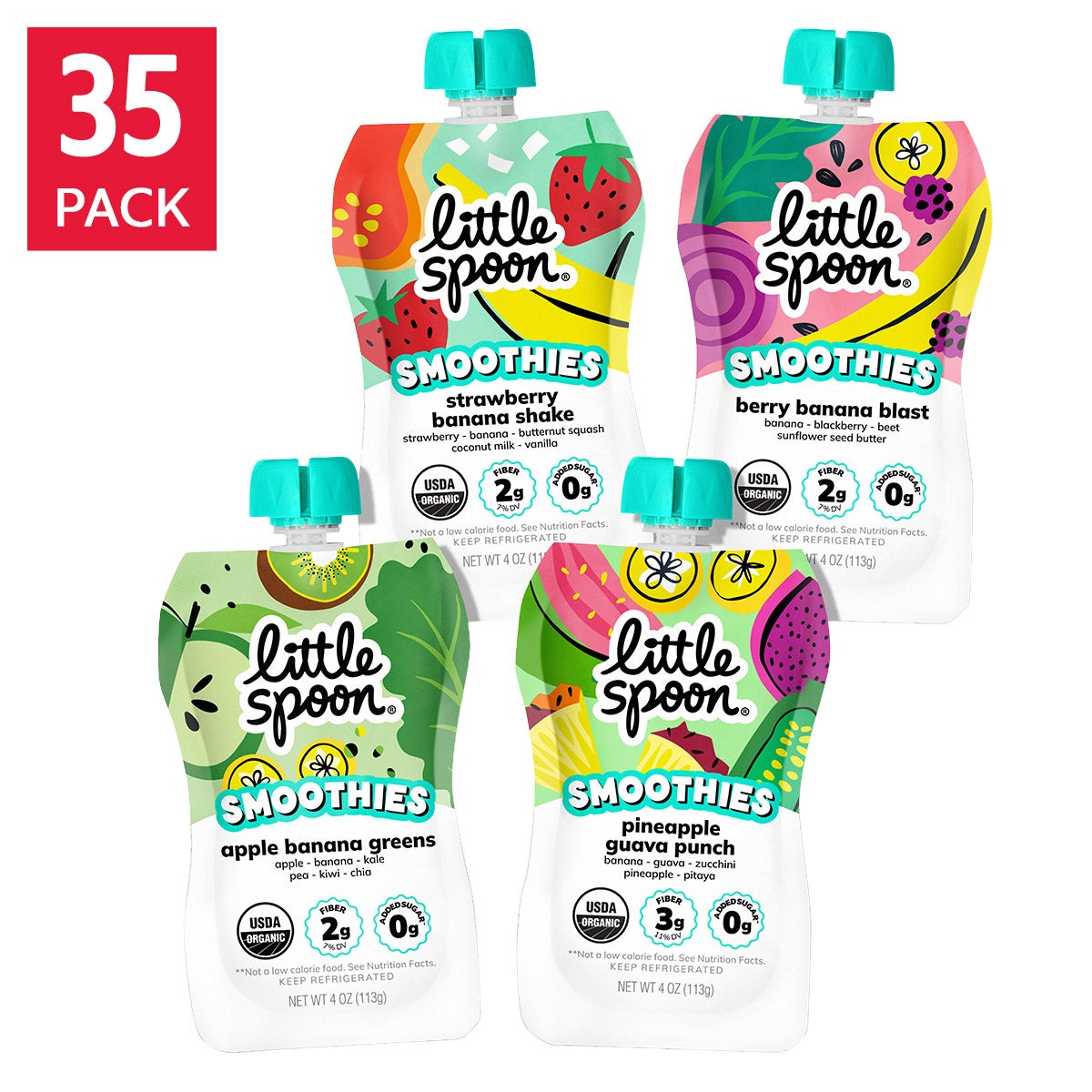 Little Spoon Kid's Organic Smoothie Pouches, Variety 35 Pack, 4 oz. Each