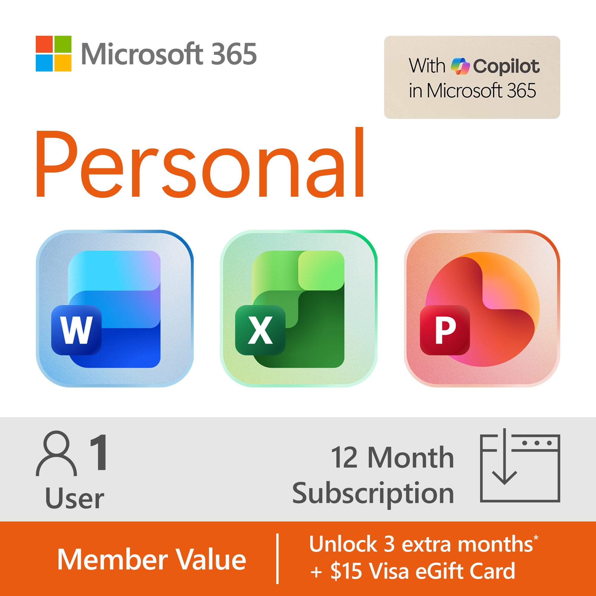 Microsoft 365 Personal with Copilot 12-Month Subscription - plus $15 Visa eGift Card (E-Delivery)
