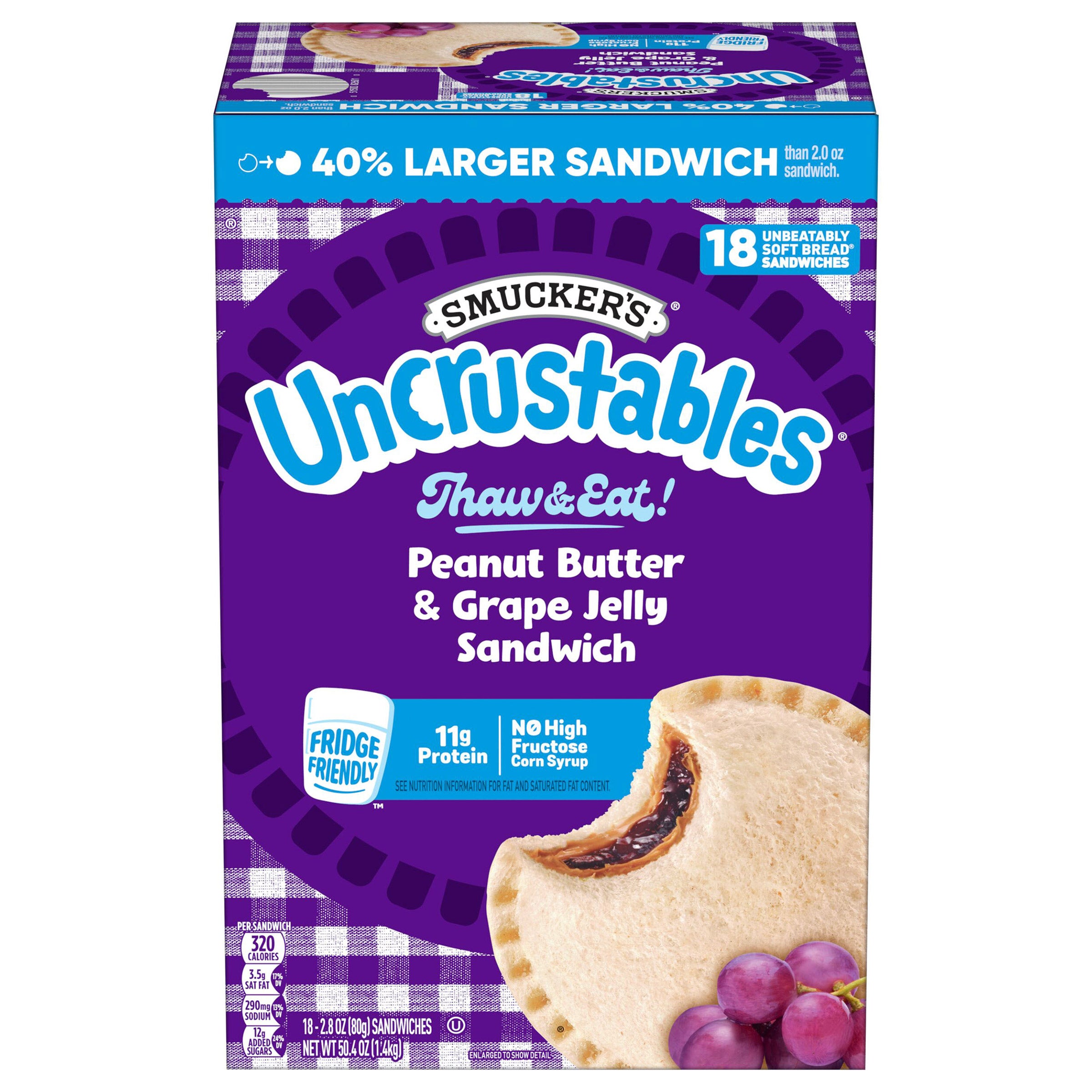Smucker's Uncrustables, Peanut Butter & Grape Jelly Sandwich, 18-count