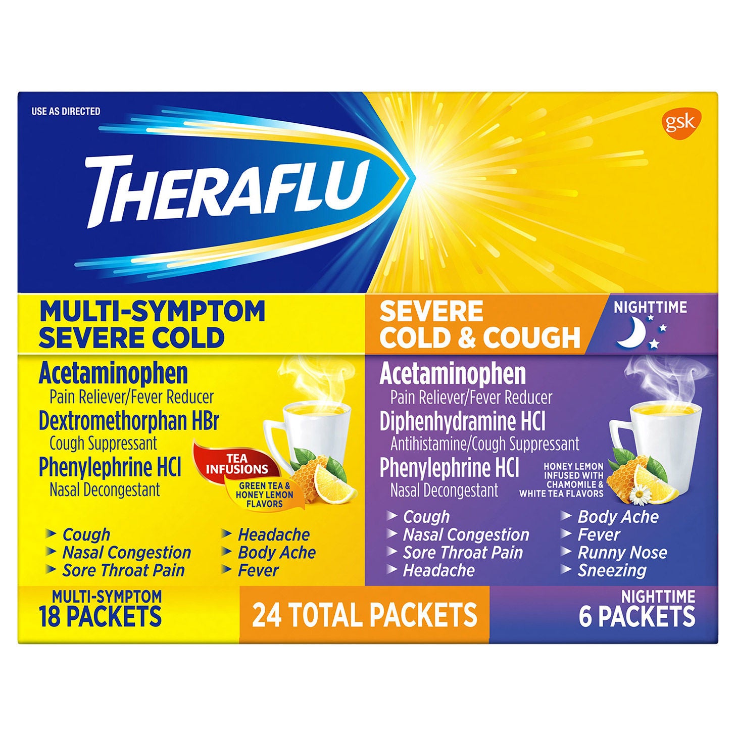 Theraflu Multi-Symptom + Nighttime Severe Cold & Cough, 24 Powder Packets