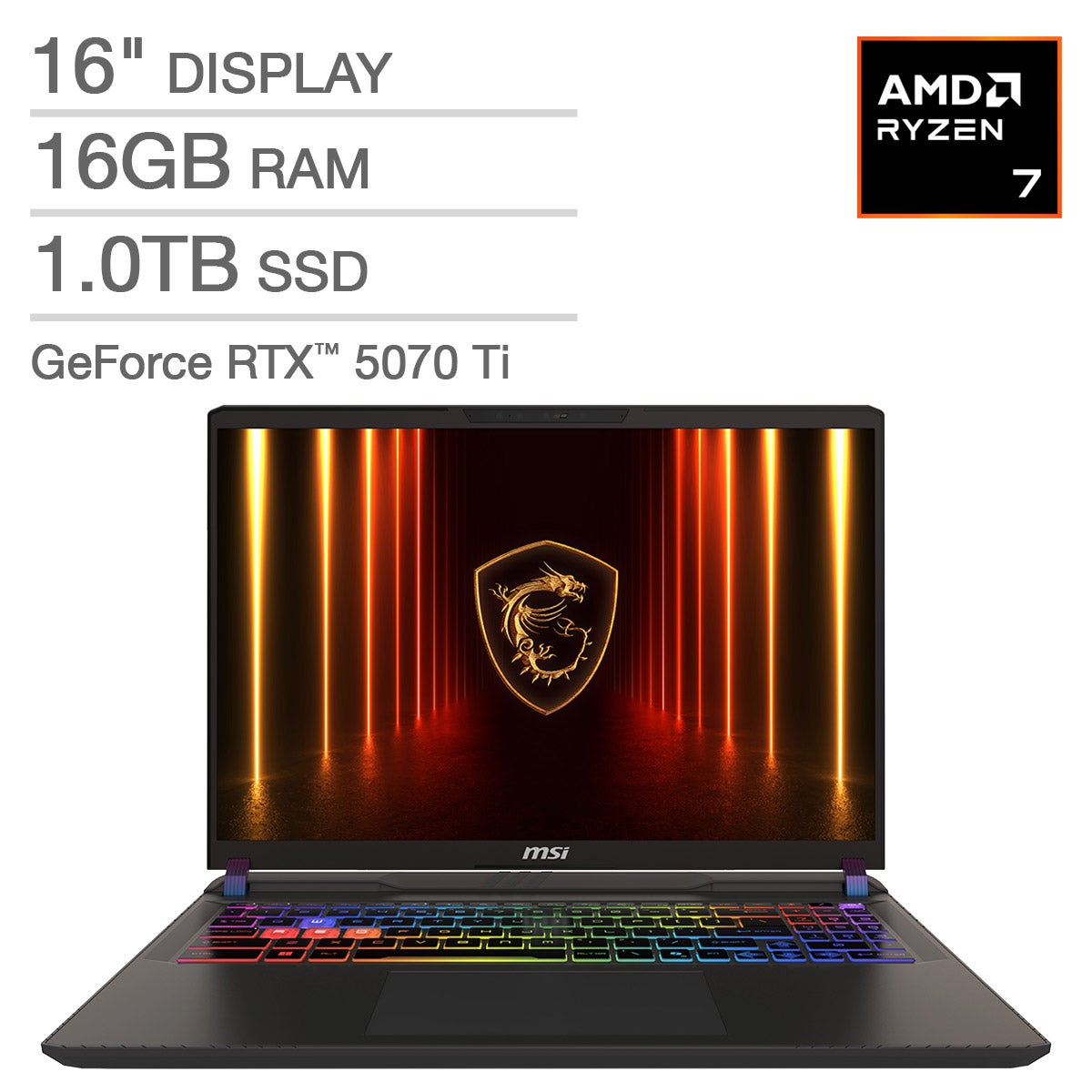 MSI Vector A16 HX 16" Gaming Laptop - AMD Ryzen 7 8840HX - NVIDIA RTX 5070 Ti - 2560x1600 - 16GB RAM - 1TB SSD - Windows 11 Home.