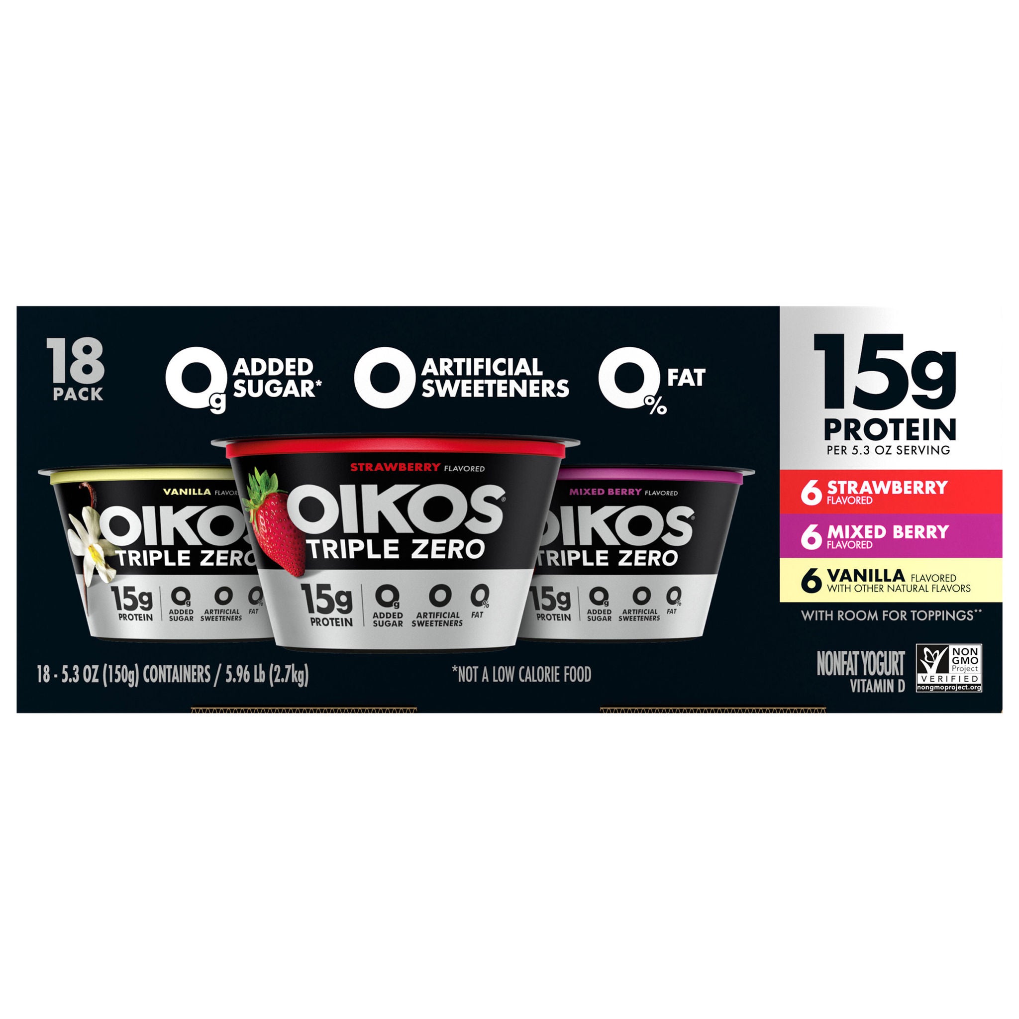 Oikos Triple Zero Greek Nonfat Yogurt, Variety Pack, 5.3 oz, 18-count