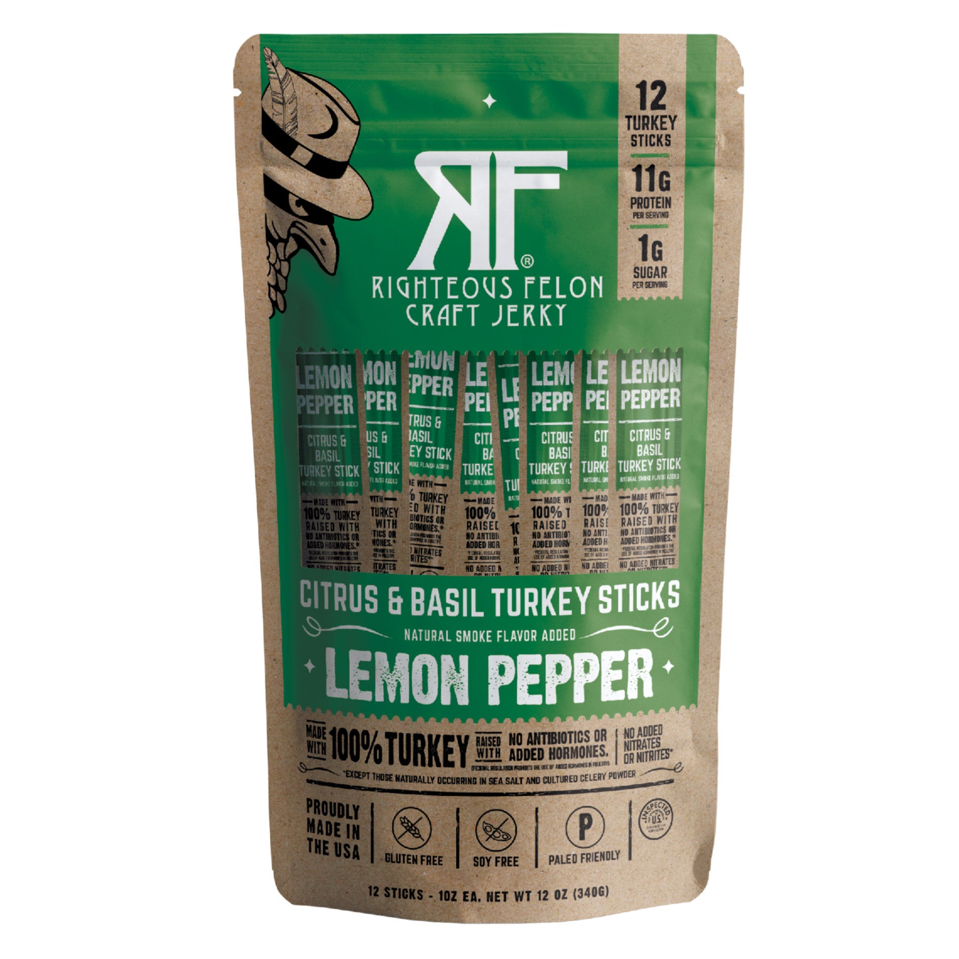 Righteous Felon Lemon Pepper Basil Turkey Stick, 1 oz, 12-count