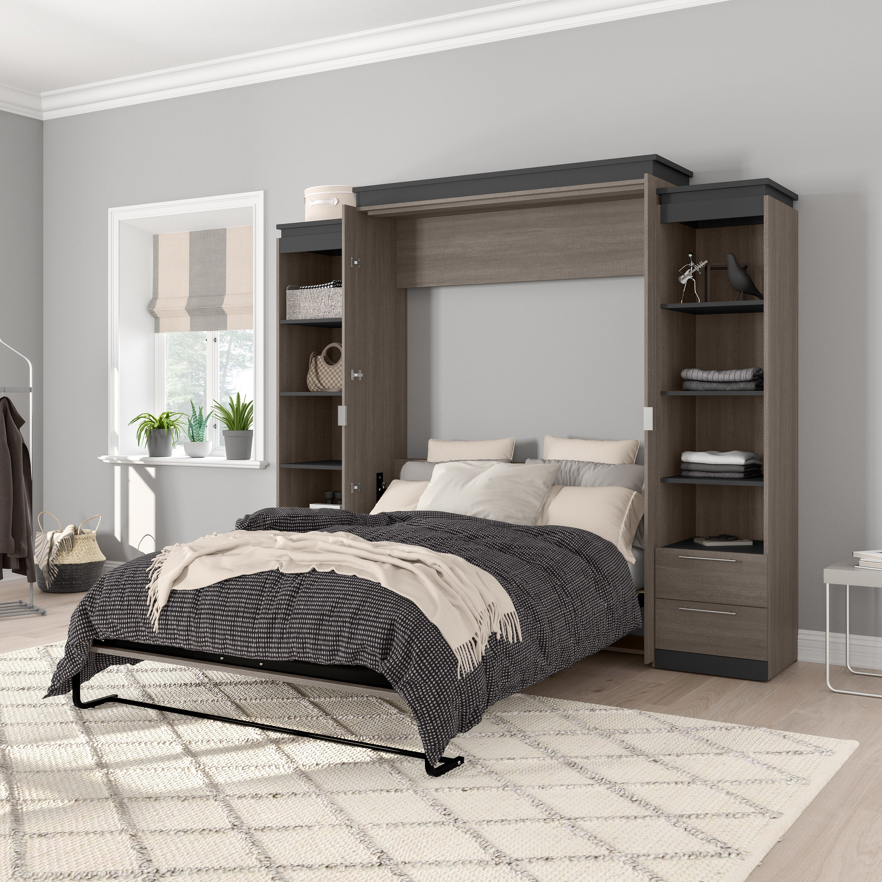 Orion Queen Wall Bed with 2 Shelving Units with Drawers