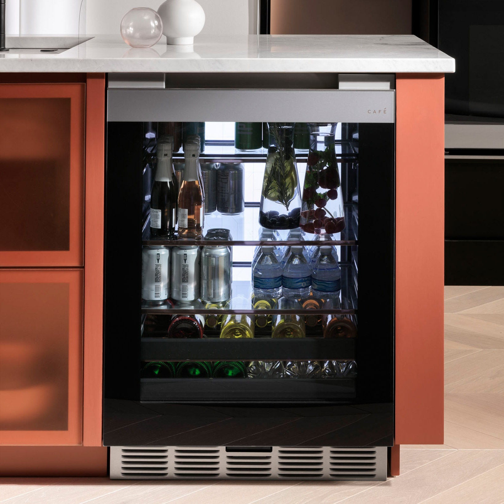 Café 5.1 cu. ft. Built-In Beverage Center, 14 Bottles or 126 Cans, with LED Light Wall, Platinum Glass Finish