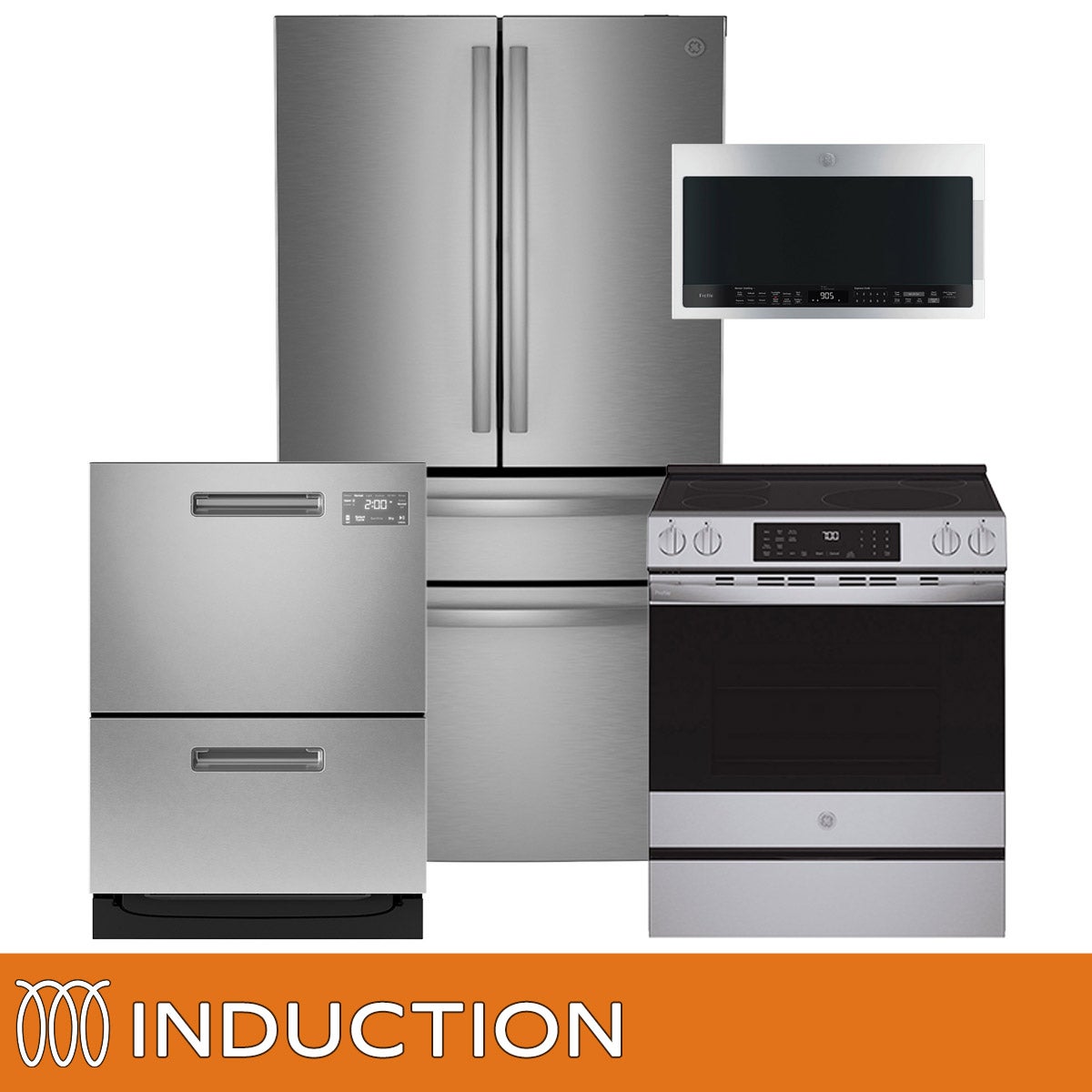 GE Profile 4-Piece Induction Kitchen Package with 23.2 cu. ft. Counter Depth 4-Door French Door Refrigerator