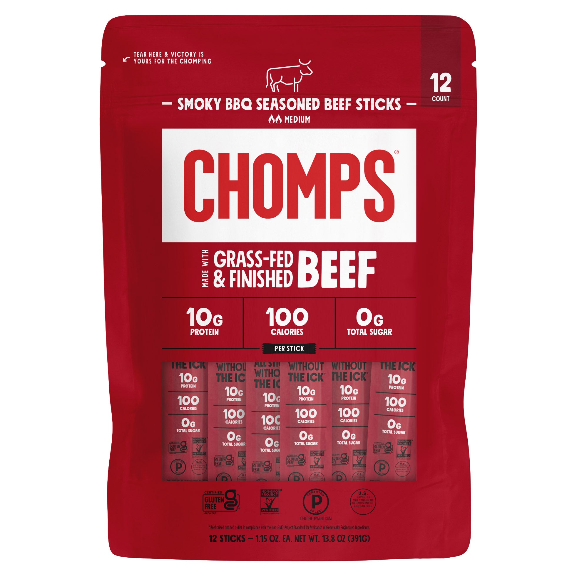 Chomps Smokey BBQ Seasoned Beef Sticks, 1.15 oz, 12-count