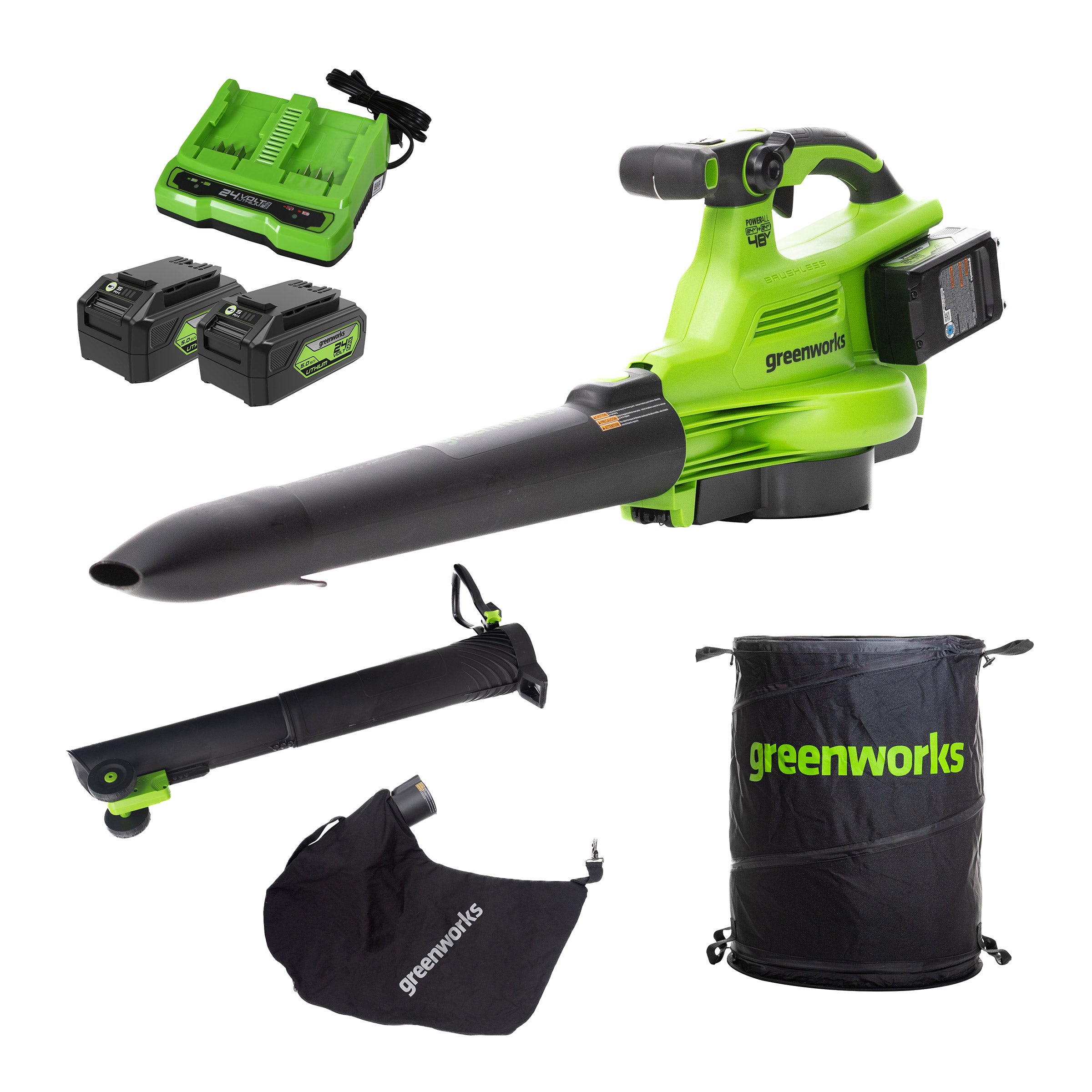 Greenworks 24V Blower-Vacuum-Mulcher with Two (2) 5.0Ah Batteries and Dual-Port Charger