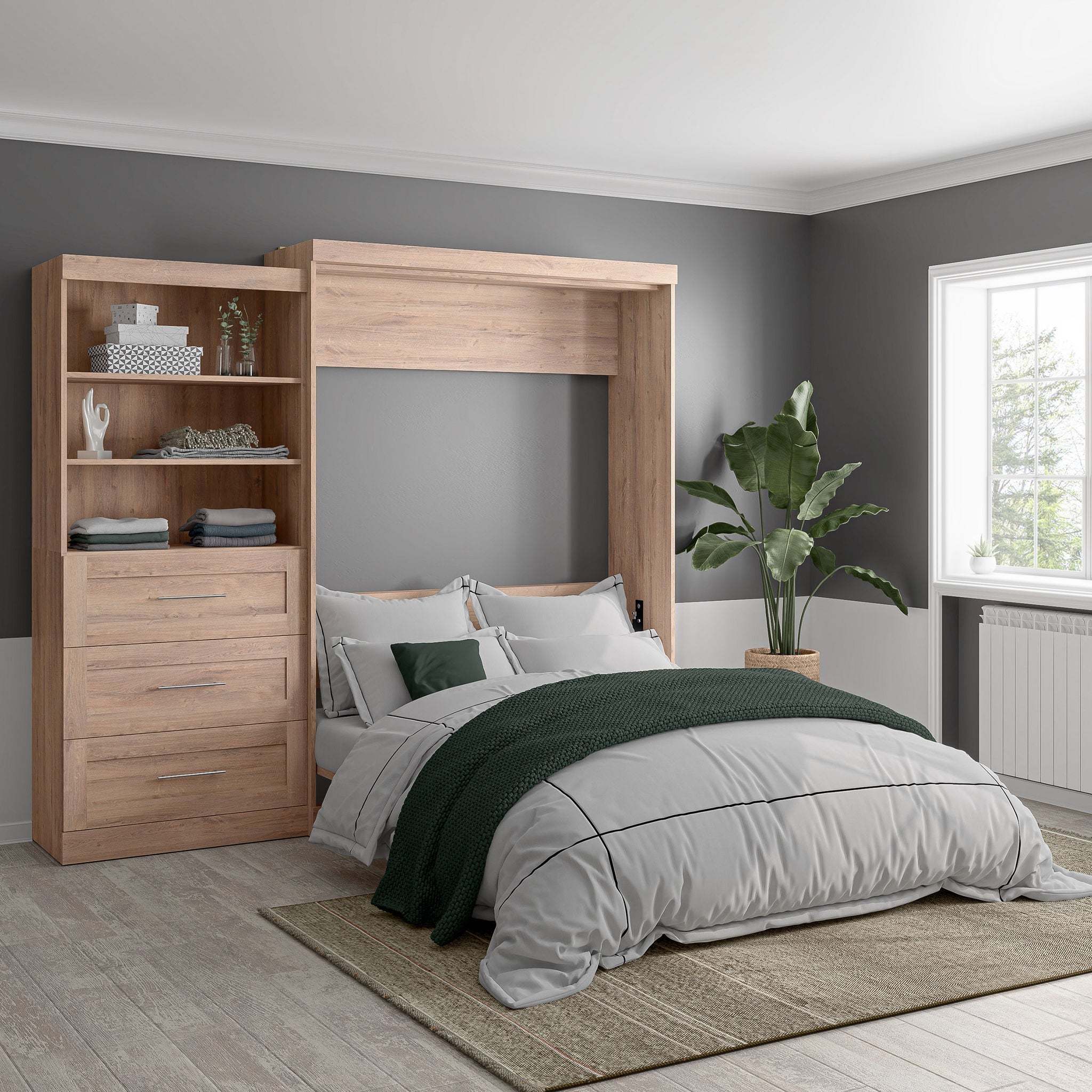 Boutique Queen Murphy Bed and Shelving Unit with Drawers