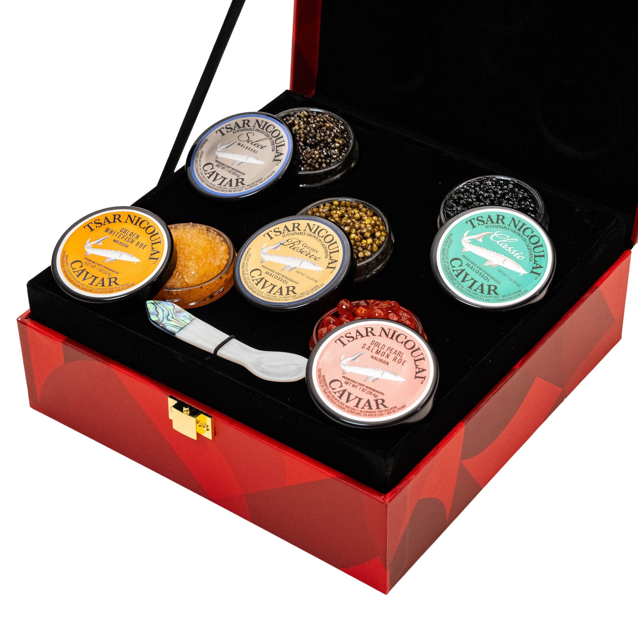 Tsar Nicoulai Mosaic Red Box 3 (1 oz.) Farmed Caviars and 2 (1 oz.) Wild American Roes