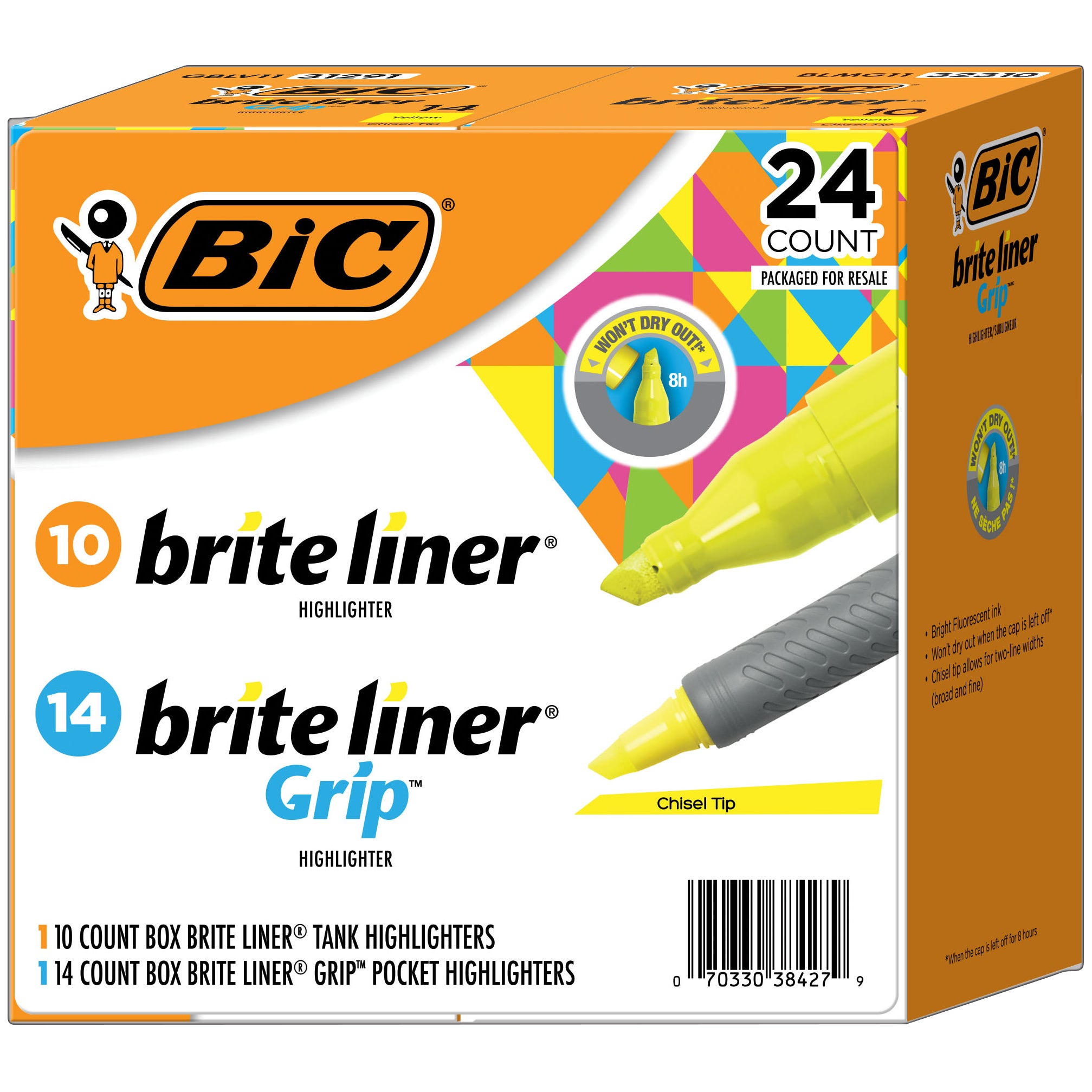 BIC Brite Liner Highlighter Combo Pack, Chisel Tip, Fluorescent Yellow, 24-count