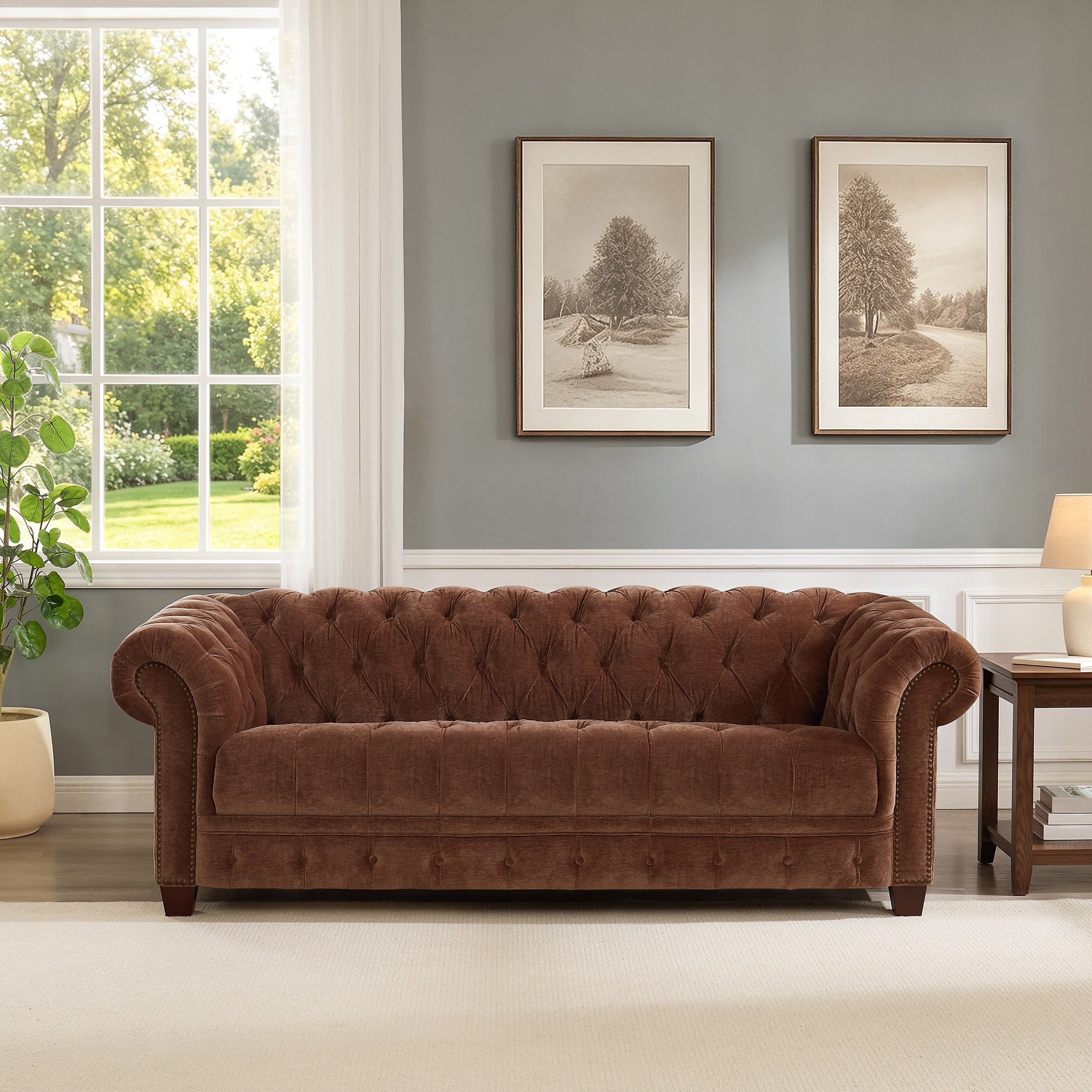 Abbie Fabric Chesterfield Sofa, Brown