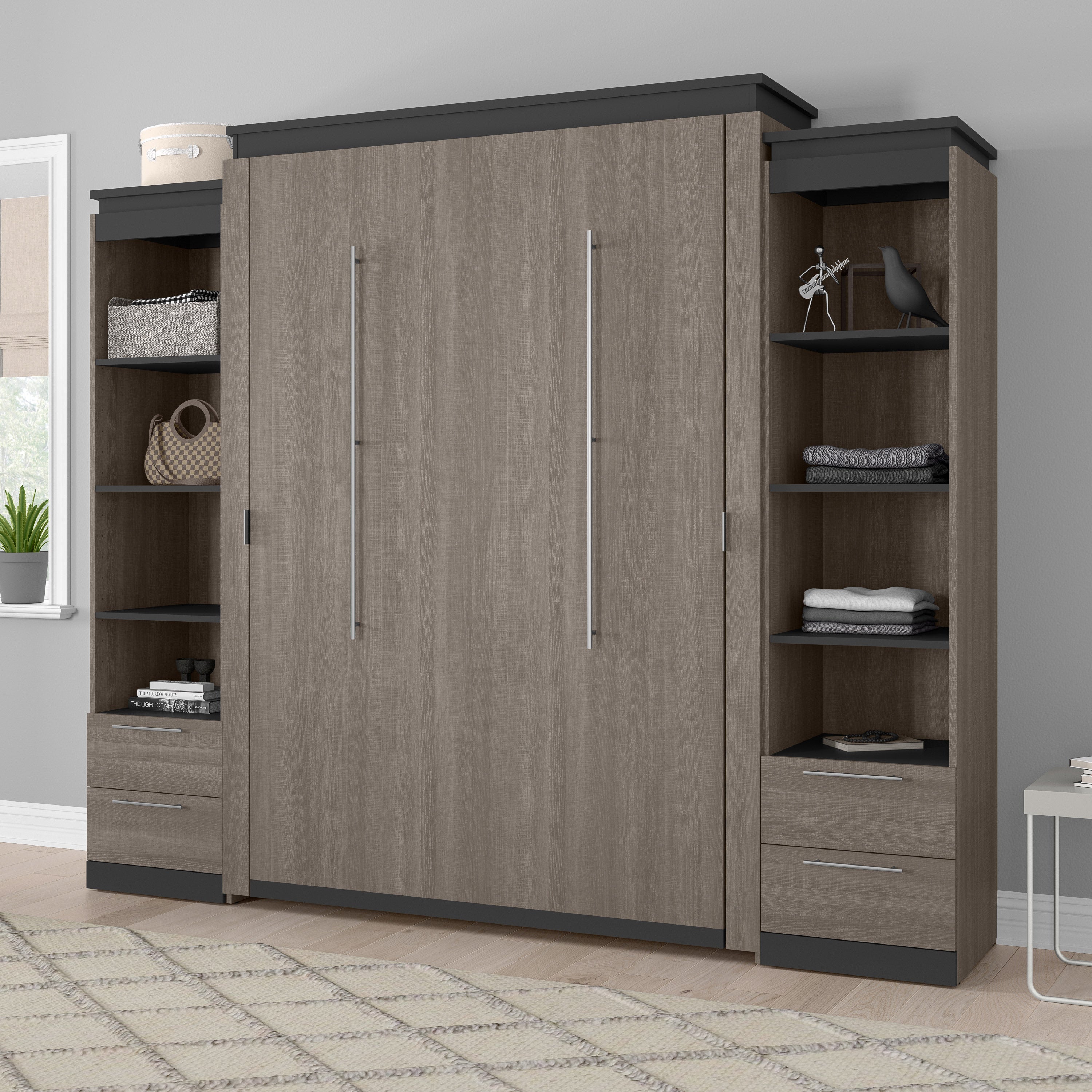 Orion Queen Wall Bed with 2 Shelving Units with Drawers