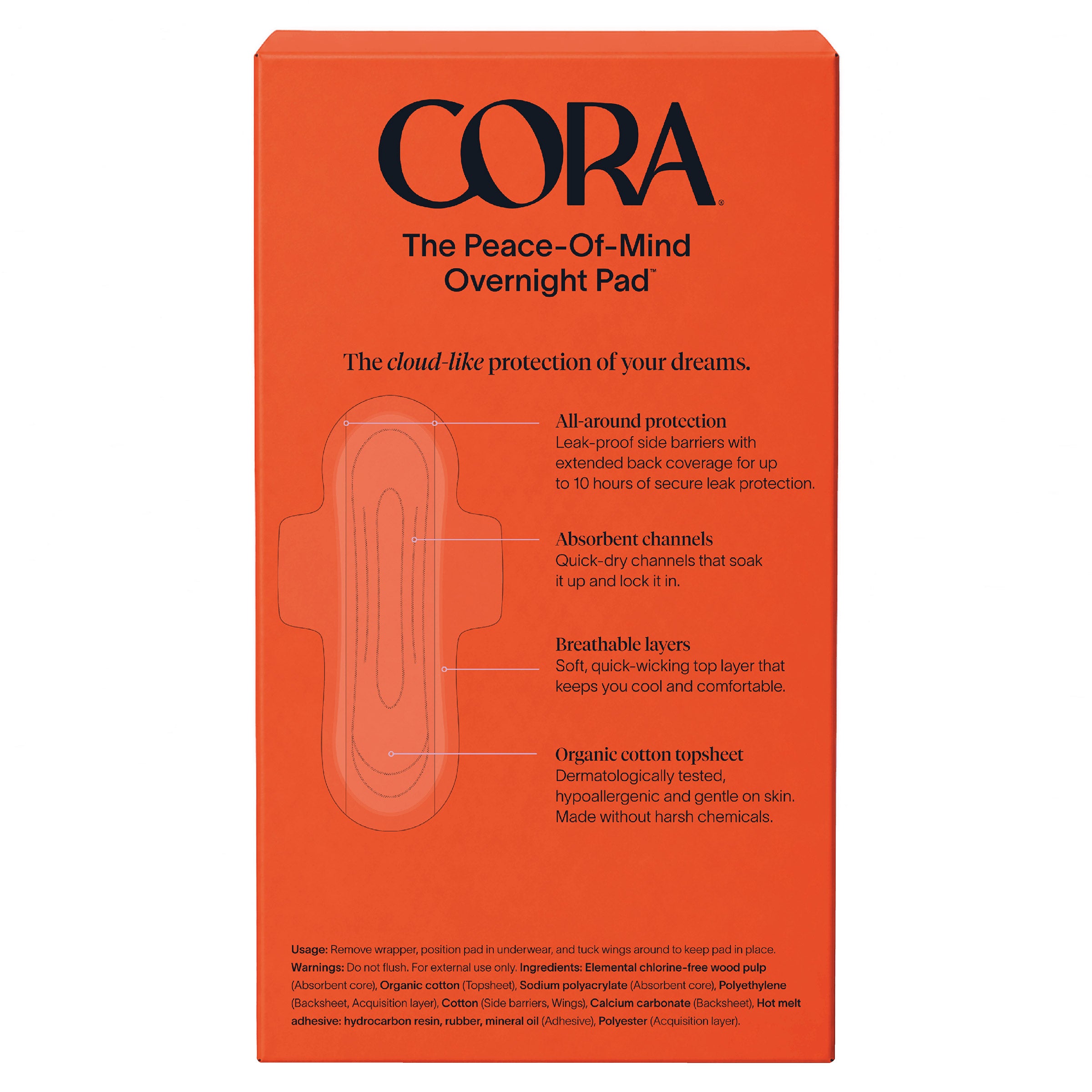 Cora Organic Cotton Overnight Pads, 60-count