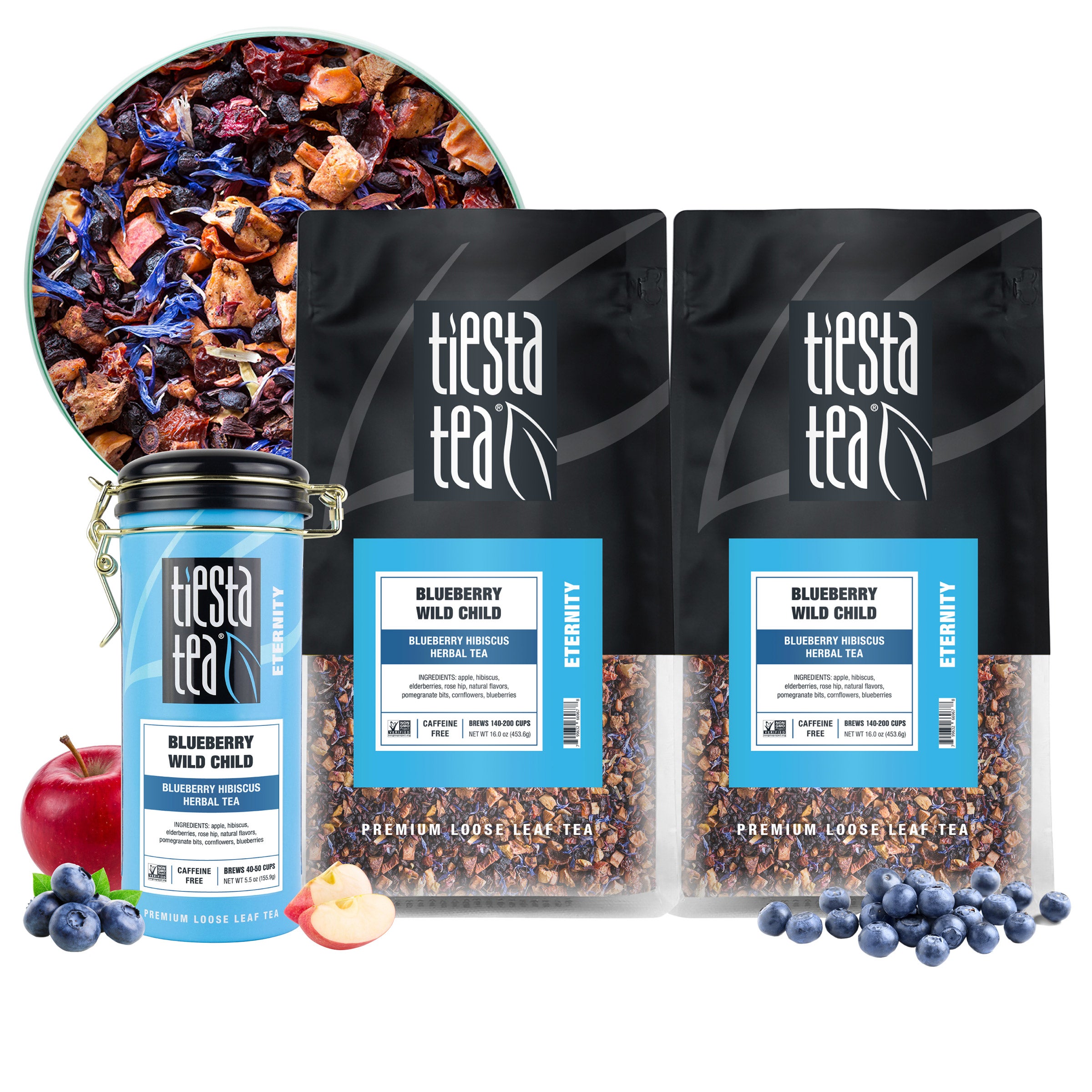 Tiesta Tea Blueberry Wild Child Herbal Loose Leaf Tea Bundle, Two 1 lb. Bags & 5.5 oz Tin
