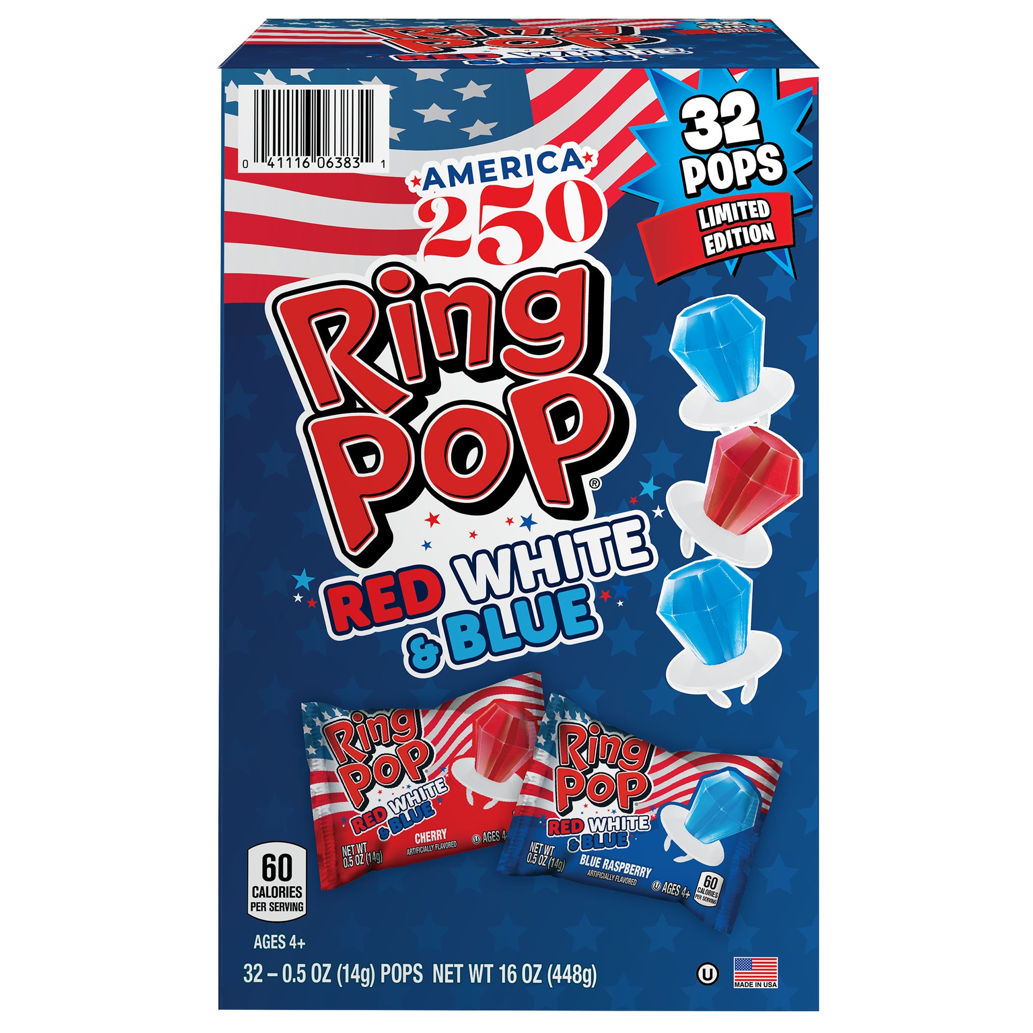 Ring Pop America 250 Limited Edition Red, White and Blue, Variety Pack, 0.5 oz, 32-count