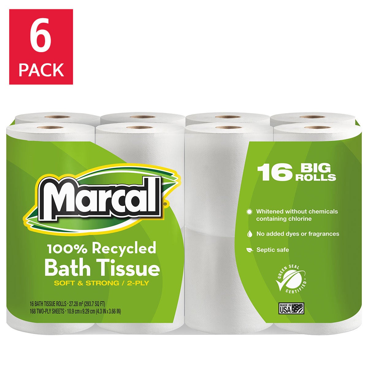 Marcal 100% Recycled Bath Tissue, 2-Ply, 168 Sheets, 96 Rolls