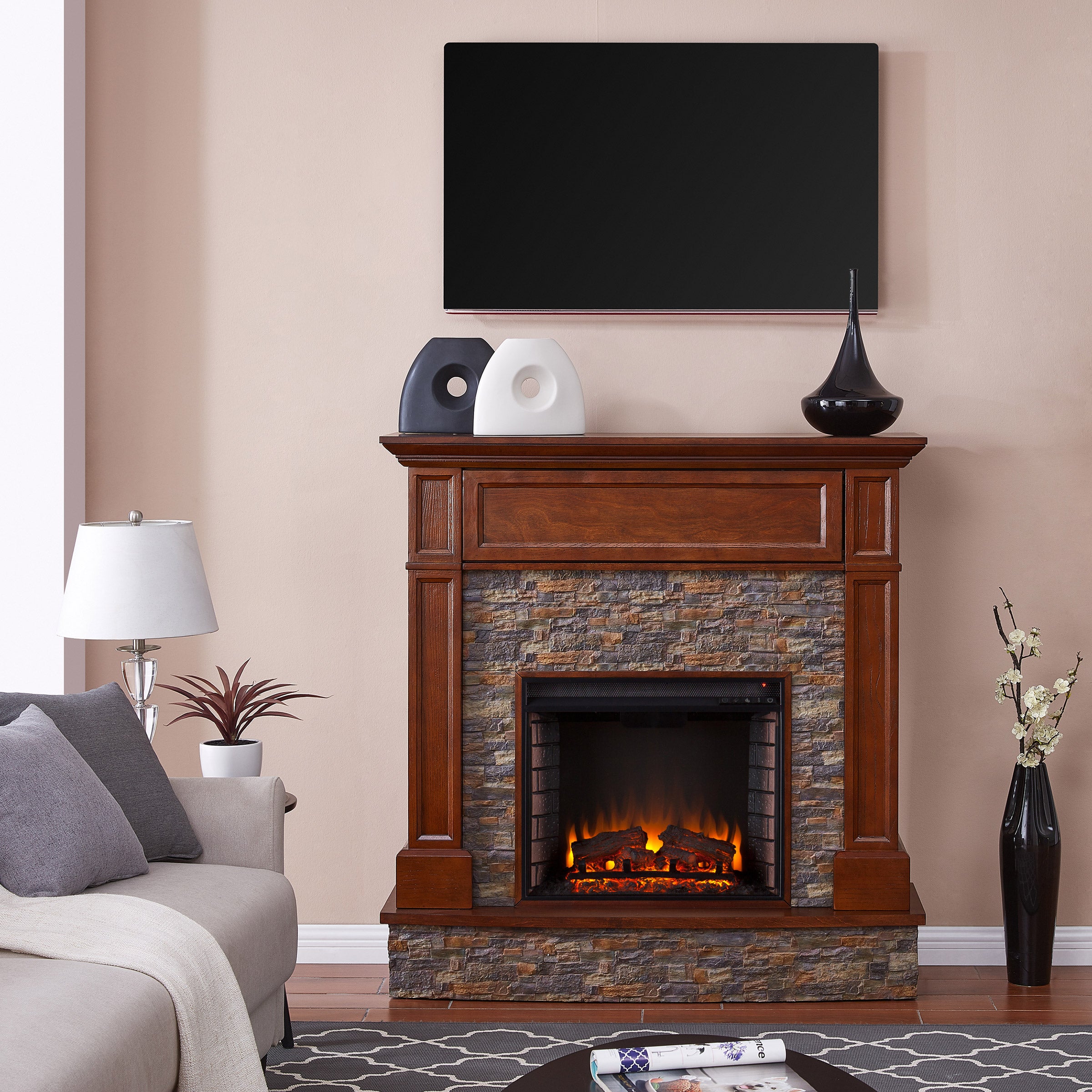 Kingwood 48" Electric Stacked Stone Hearth Fireplace, Whiskey Maple