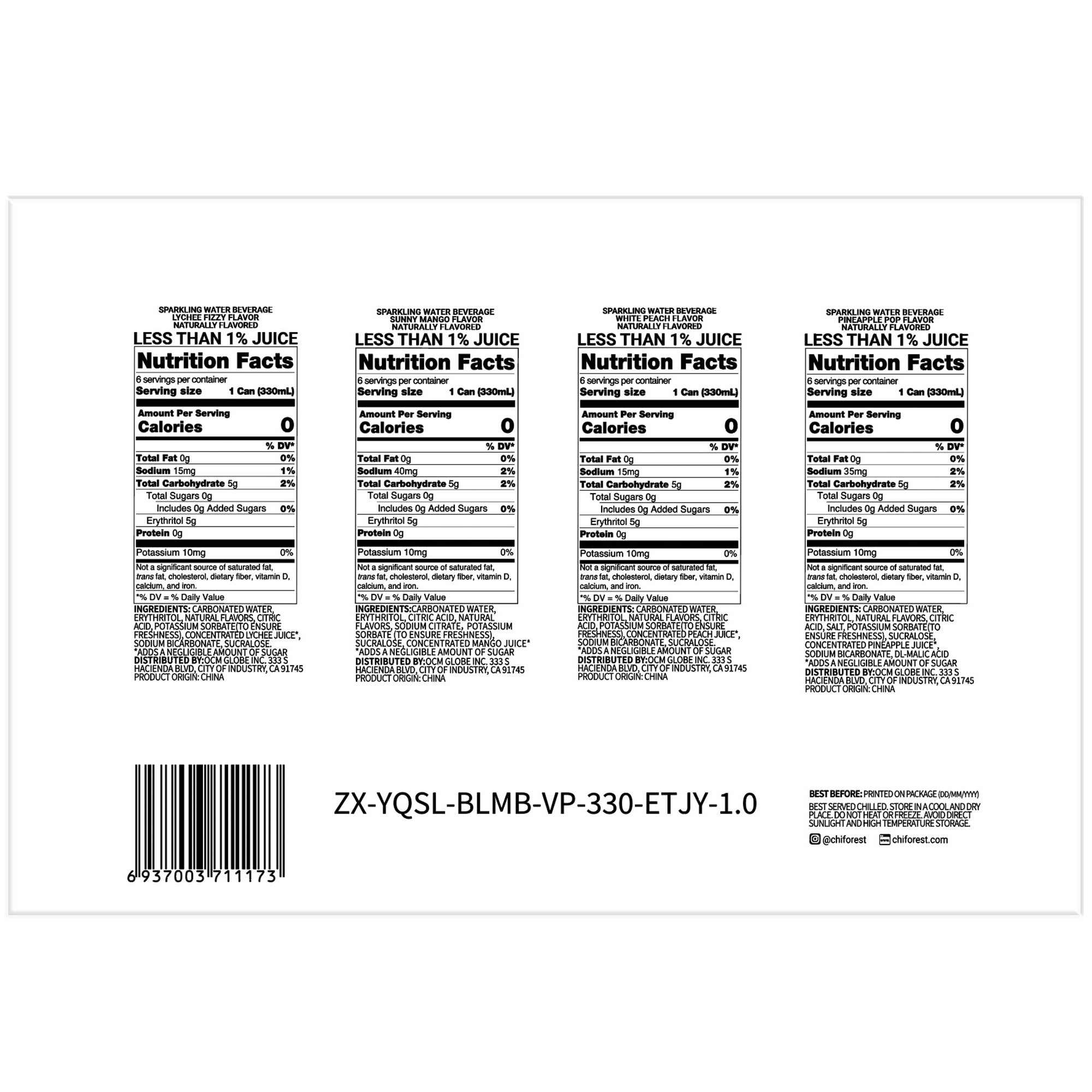 Chi Forest Flavored Sparkling Water, Variety Pack, 11.16 fl oz, 24-count