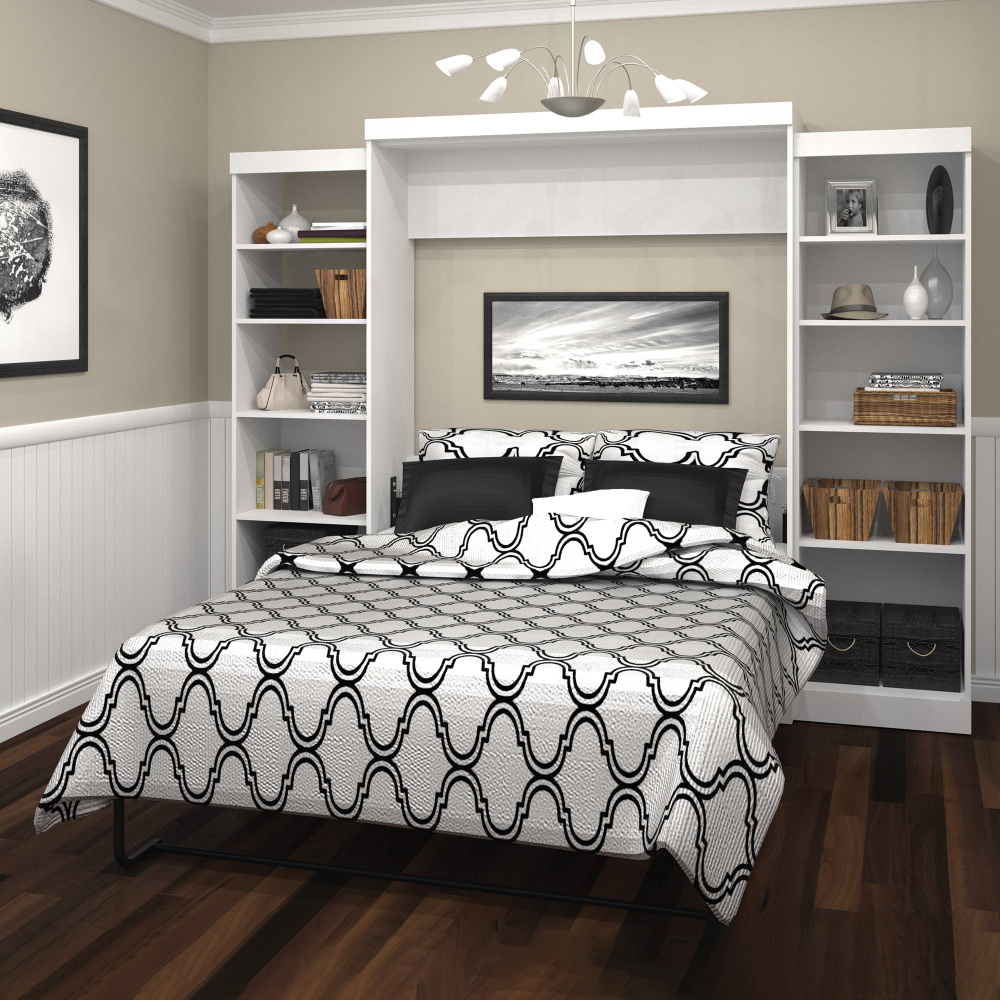 Boutique Queen Wall Bed with Two 25" Open Storage Units in White