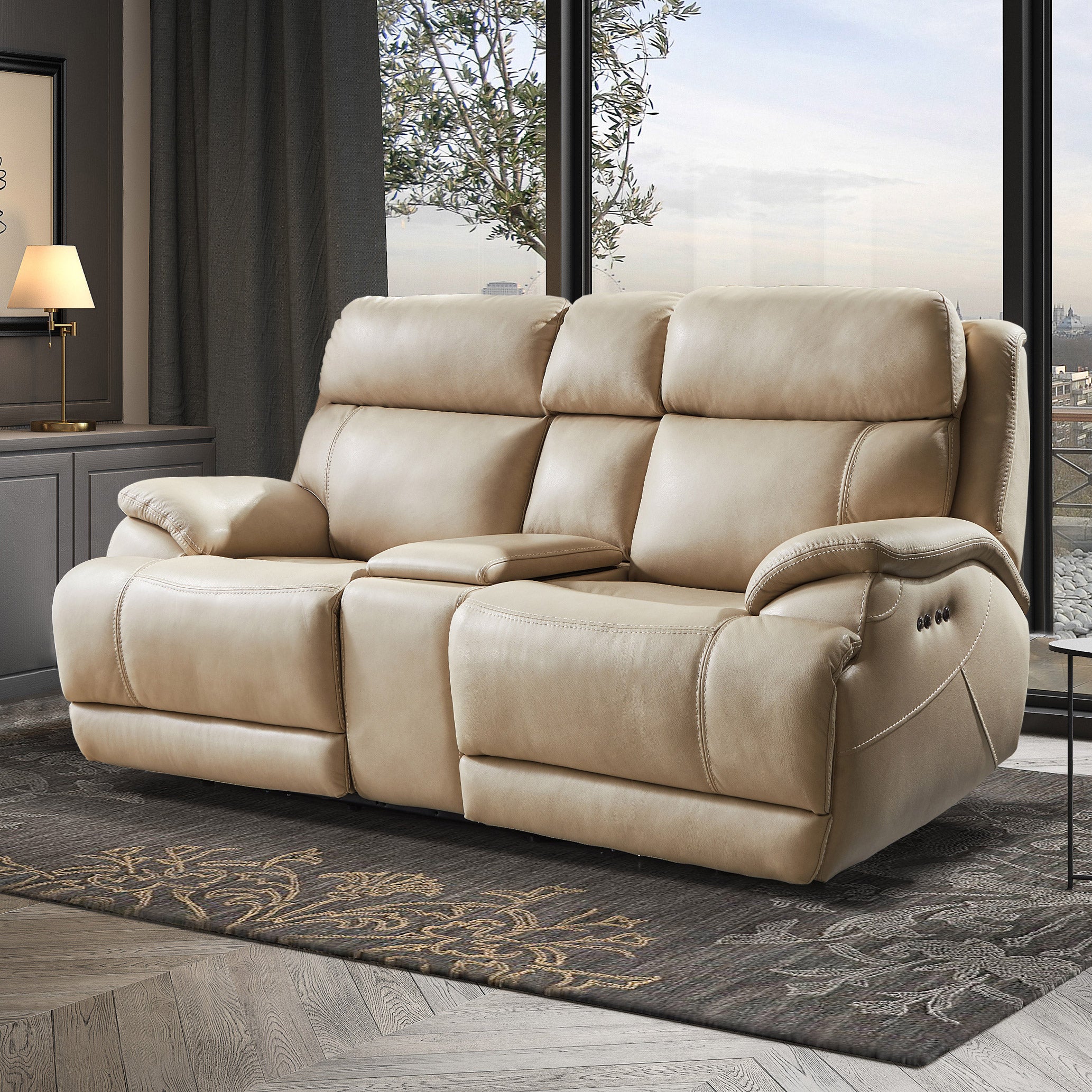 Corrales Leather Power Reclining Console Loveseat with Dropdown Table