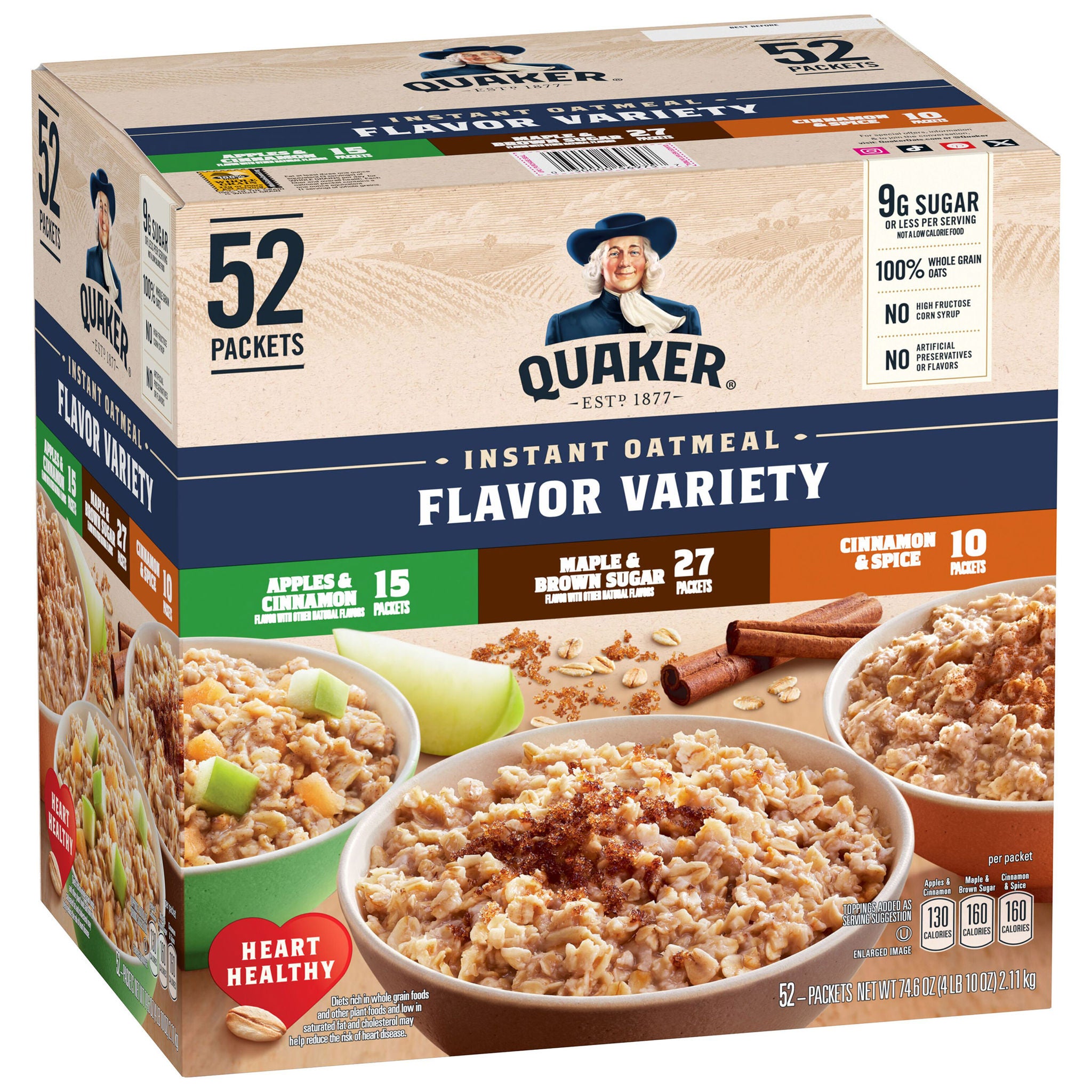 Quaker Instant Oatmeal, Variety Pack, 1.51 oz, 52-count