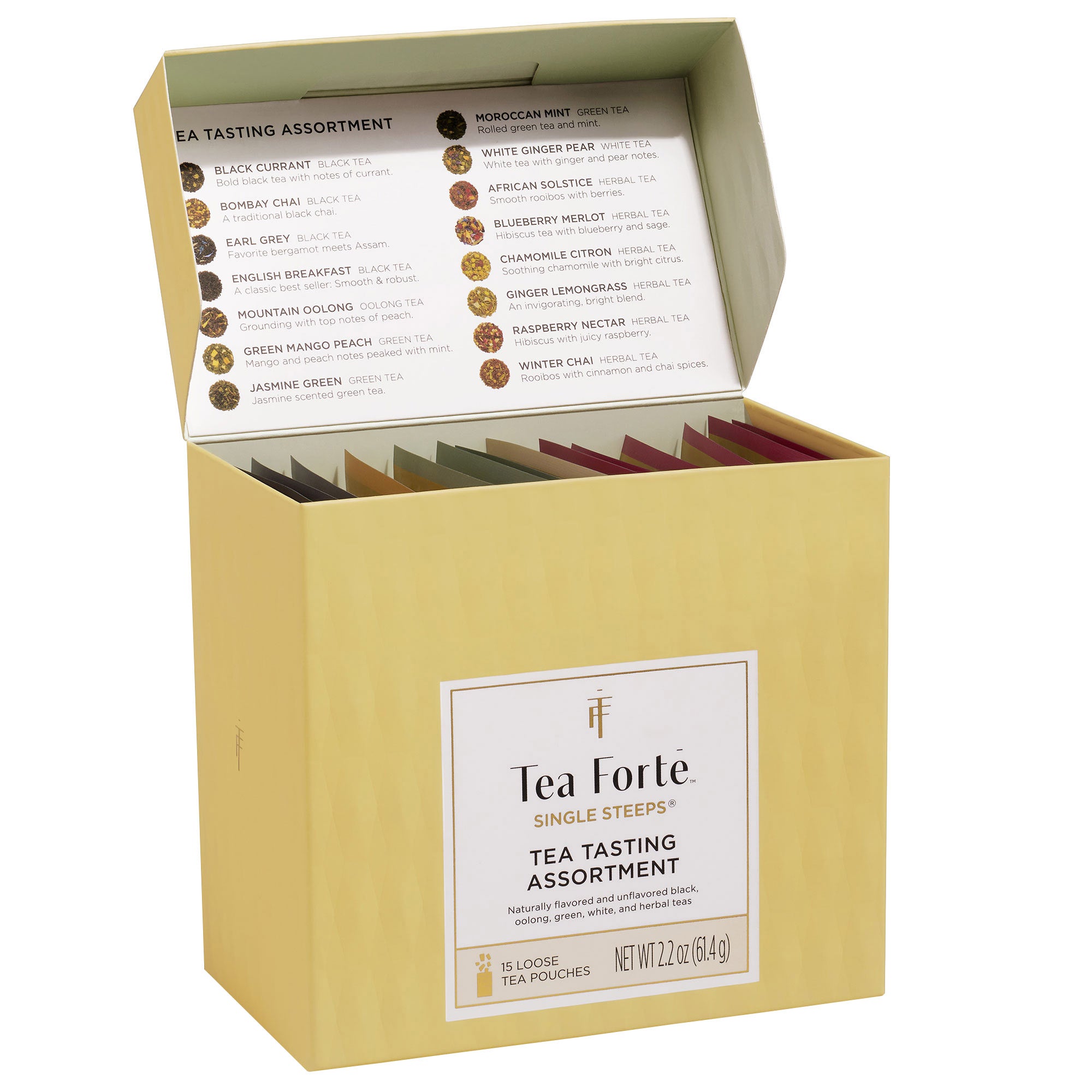 Tea Forté Single Steeps Sampler Bundle with 30 Loose Leaf Tea Pouches & 1 Fiore Steeping Cup