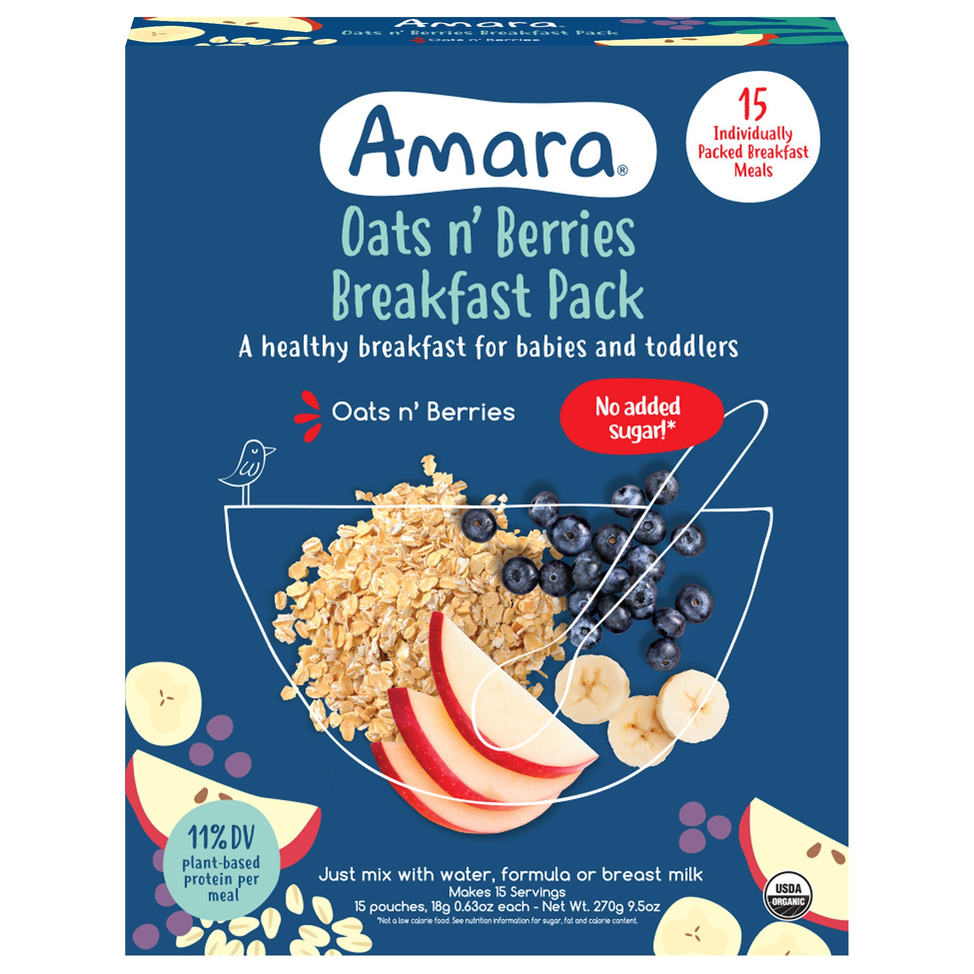 Amara Baby and Toddler Protein Packed Breakfast Cereal Oats and Berries, 15 Meals