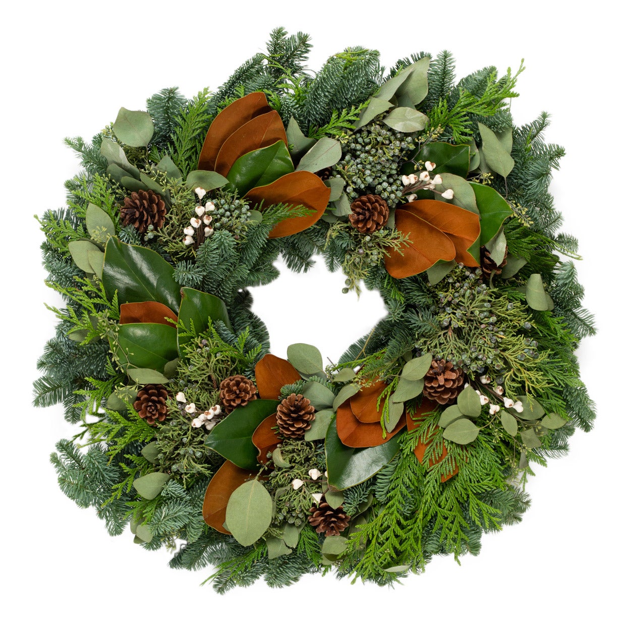 24" Fresh Magnolia with White Berry Wreath