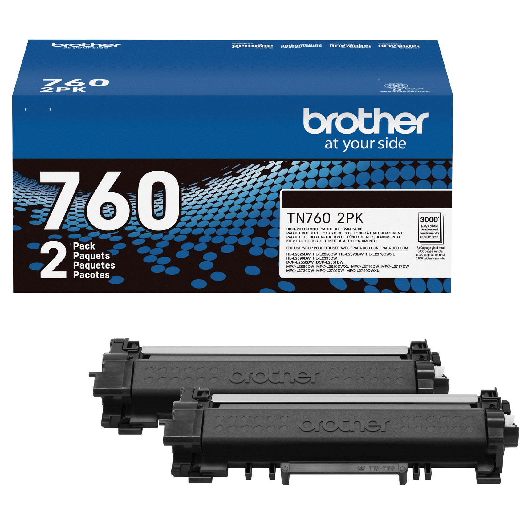 Brother TN760 High-Yield Toner Cartridge, Black, 2-pack
