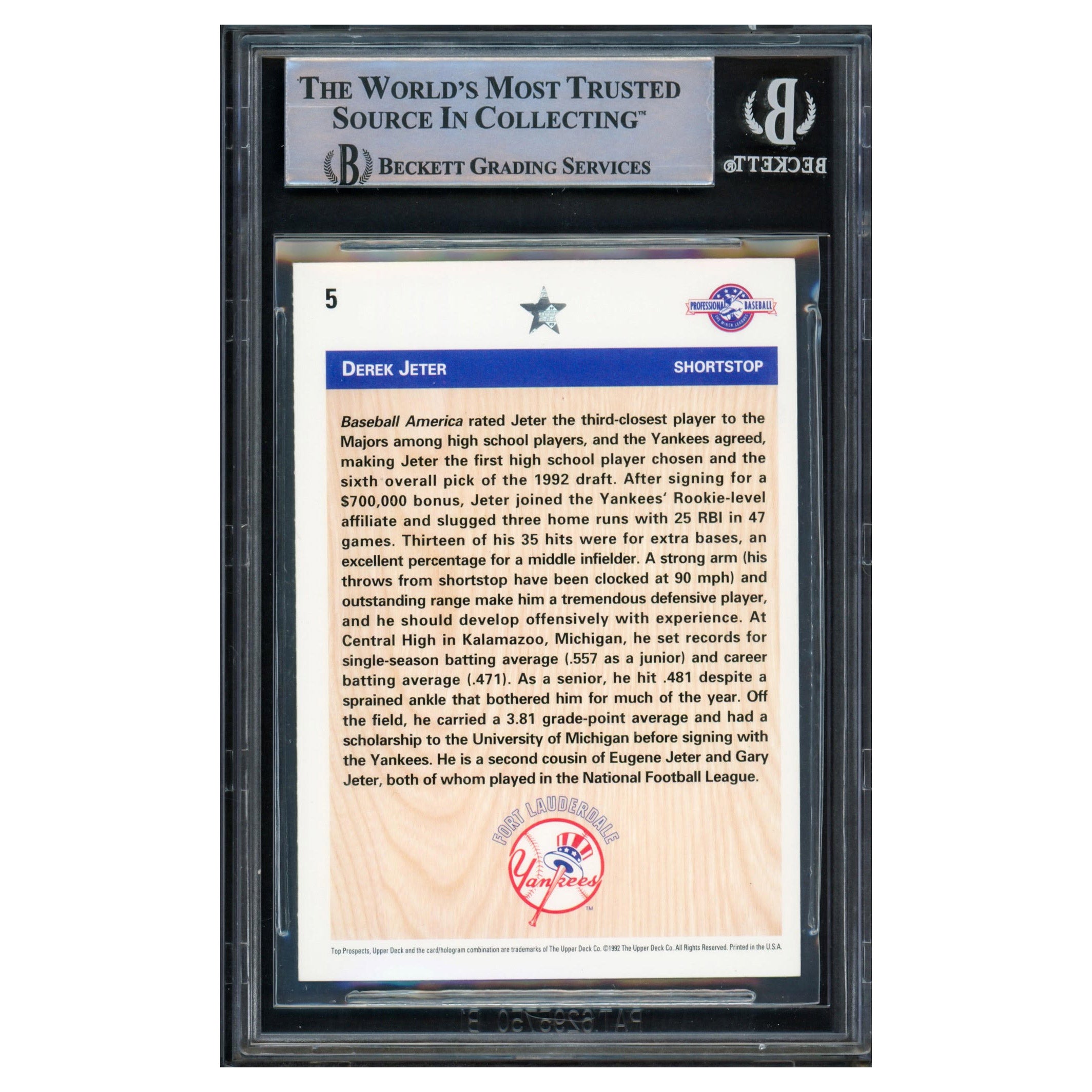 Derek Jeter Autographed 1992 Upper Deck Minors Rookie Card #5 NY Yankees