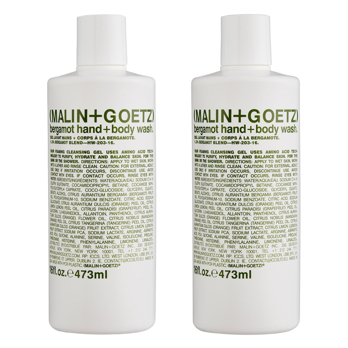 MALIN+GOETZ Bergamot Hand + Body Wash, 16 fl oz, 2-pack