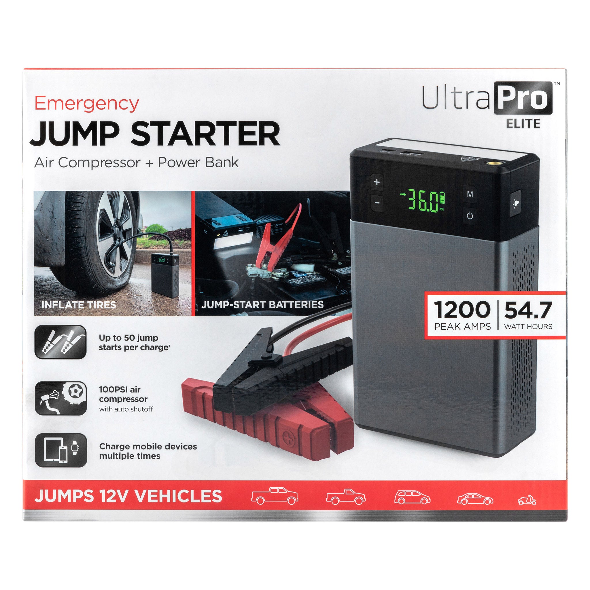 UltraPro Elite 1200A Portable Jump Starter and Air Pump, Emergency LED