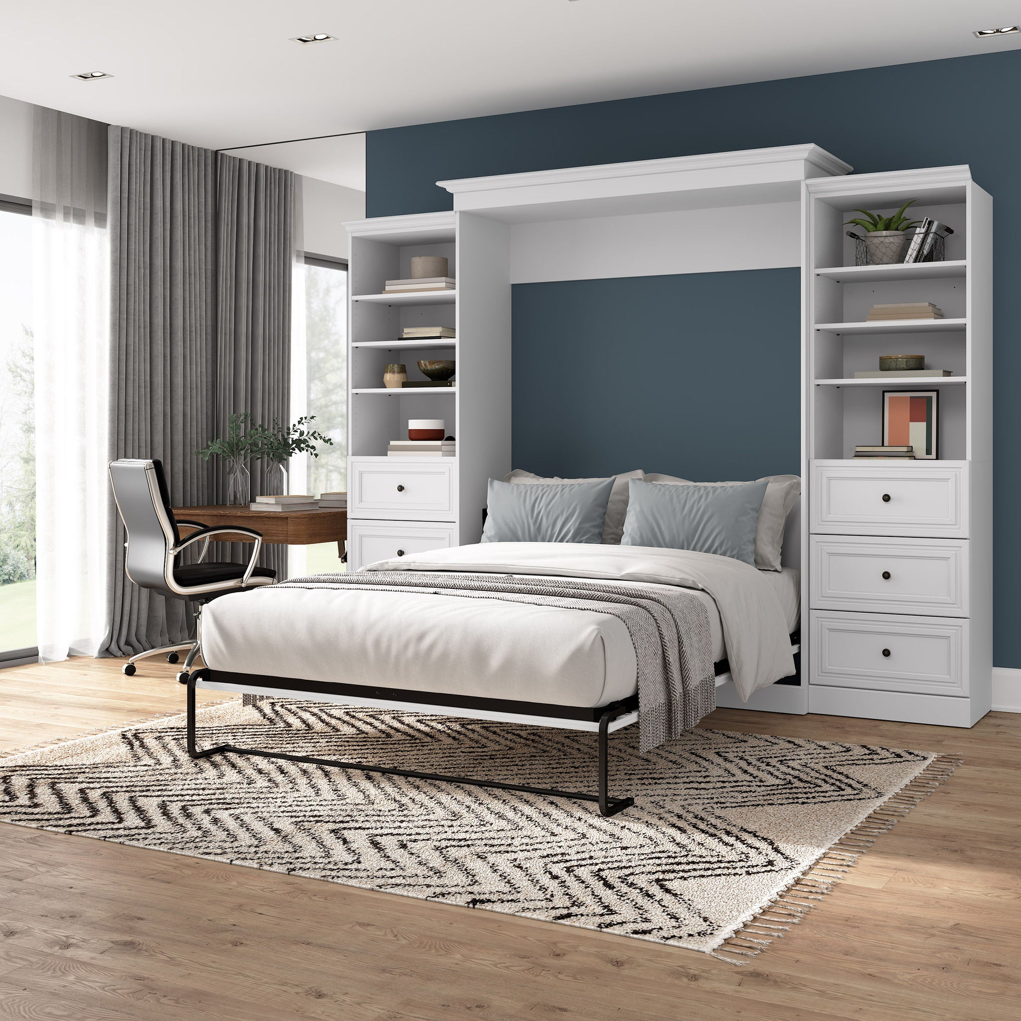 Bestar Audrea Queen Wall Bed in White with two 25" Storage Units with Drawers