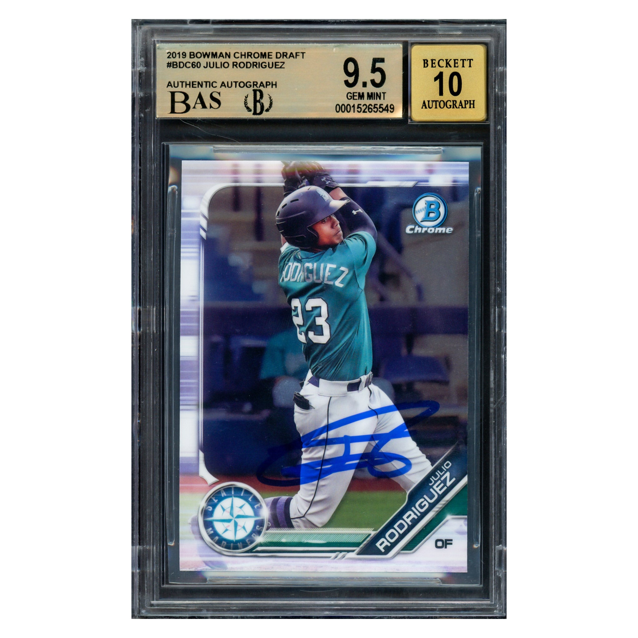 Julio Rodriguez Autographed 2019 Bowman Chrome Draft Rookie Card #BDC60 BGS 9.5 Auto Grade 10