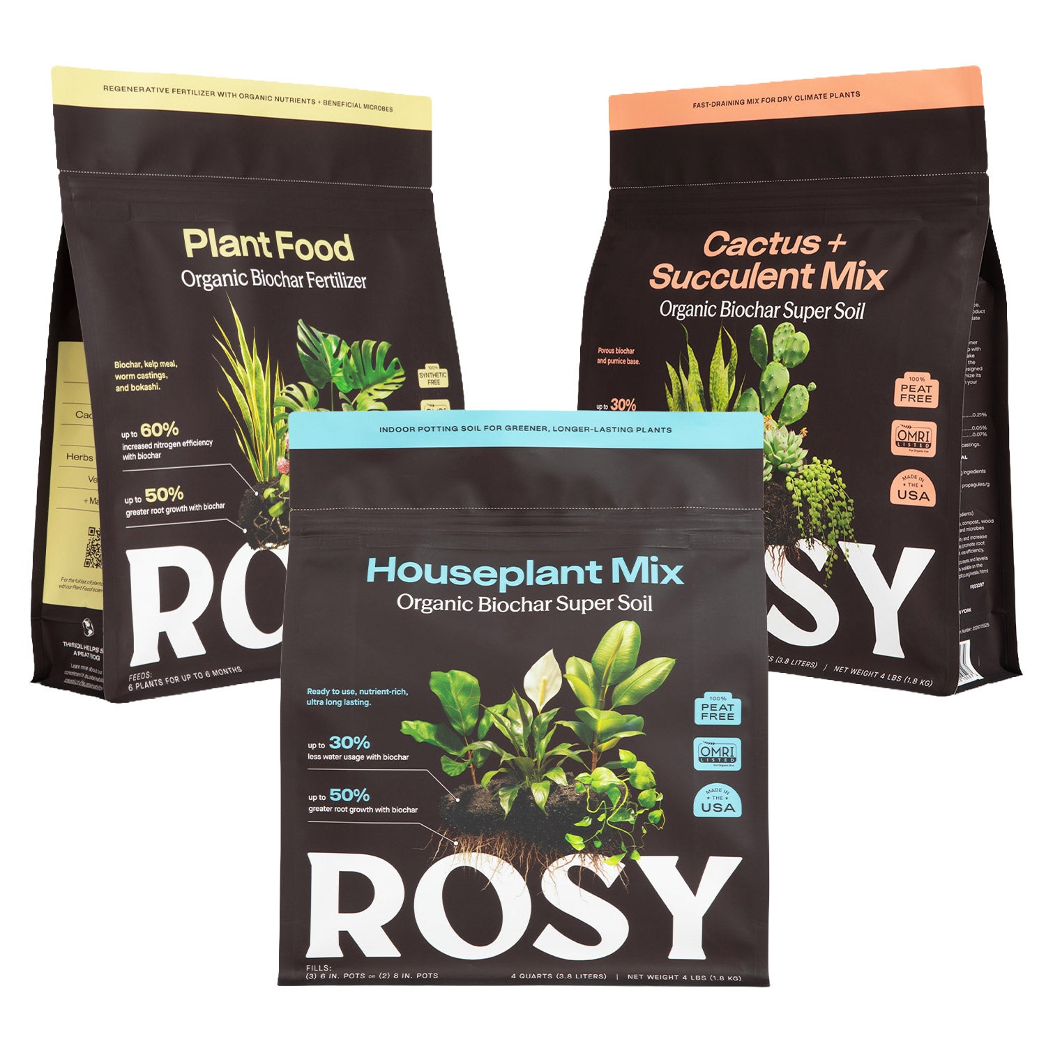 Rosy Soil Care Pack: House Plant Soil, Cactus Soil, and Plant Food. 4 qt.