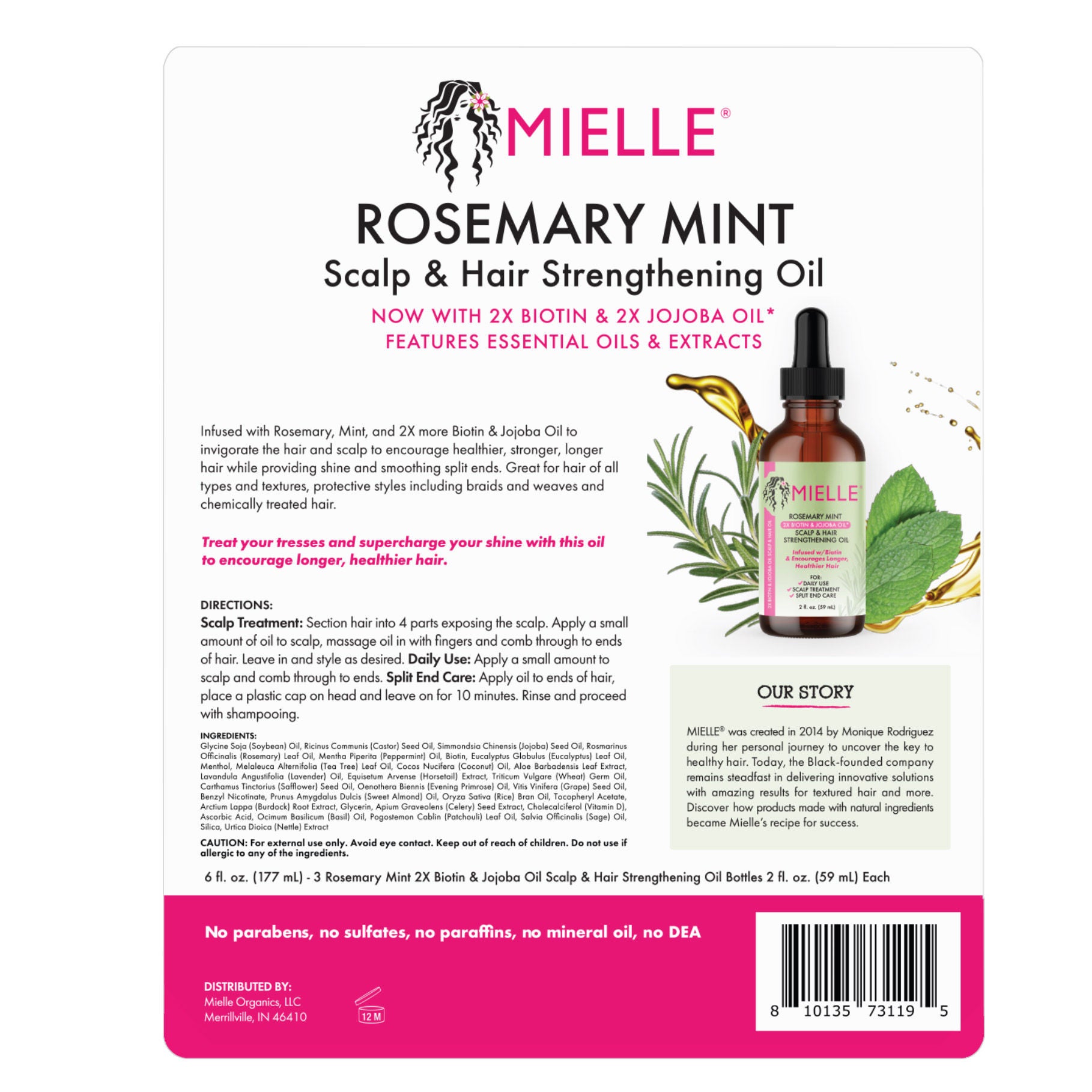 Mielle Rosemary Mint Scalp & Hair Strengthening Oil, 2 fl oz, 3-pack