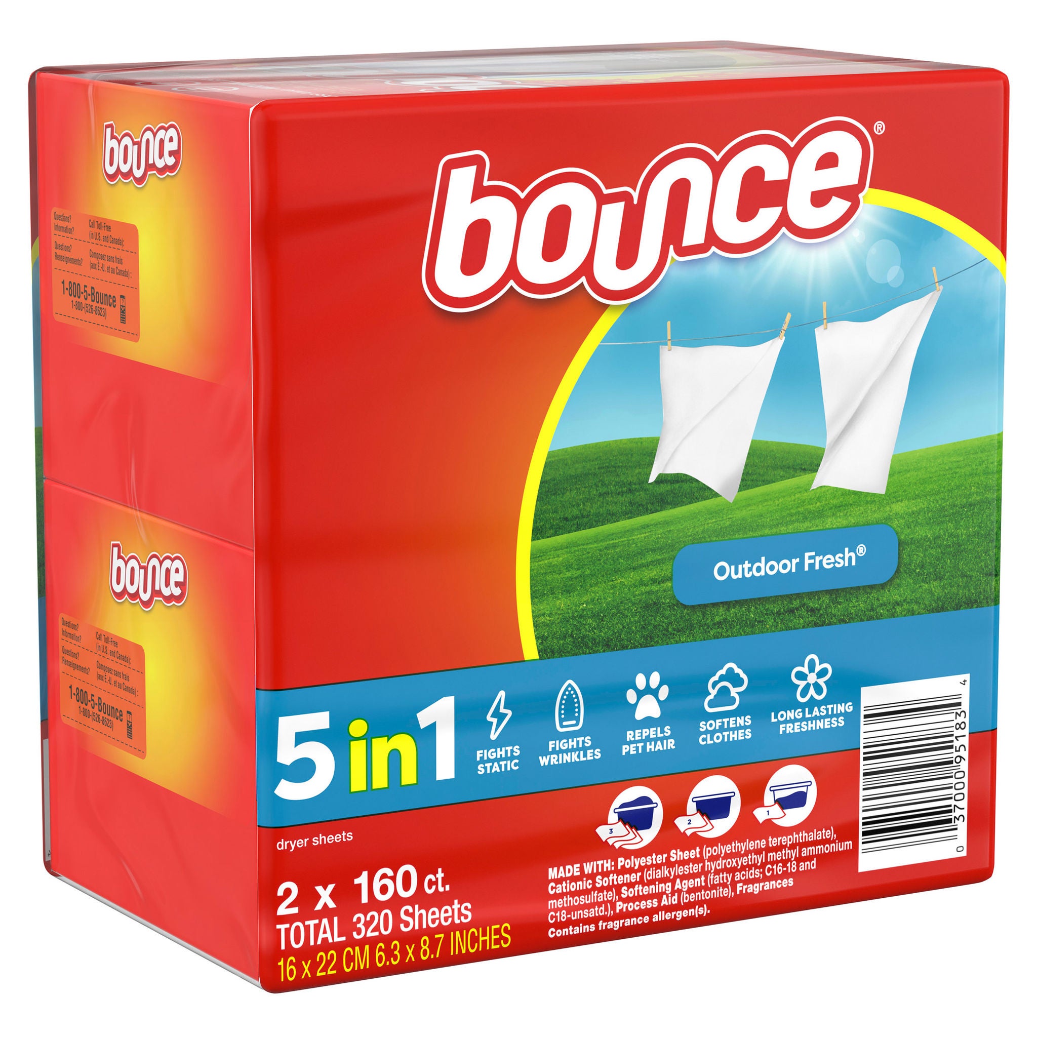 Bounce Fabric Softener Dryer Sheets, Outdoor Fresh, 160-count, 2-pack