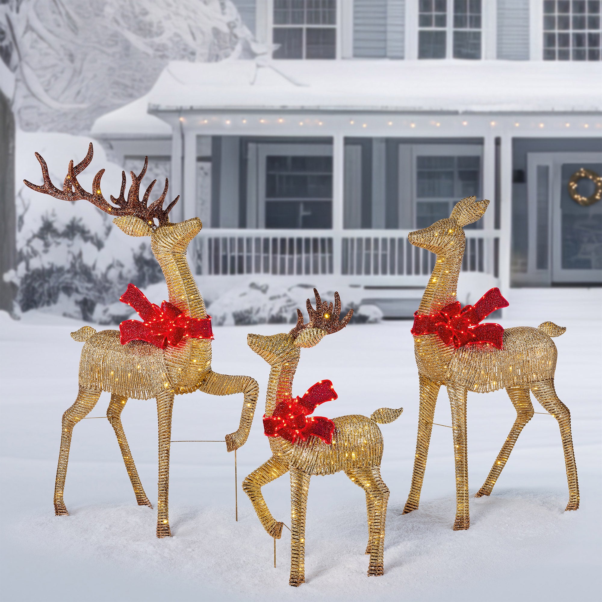 Gold Deer Family LED with Twinkle Lights, Set of 3