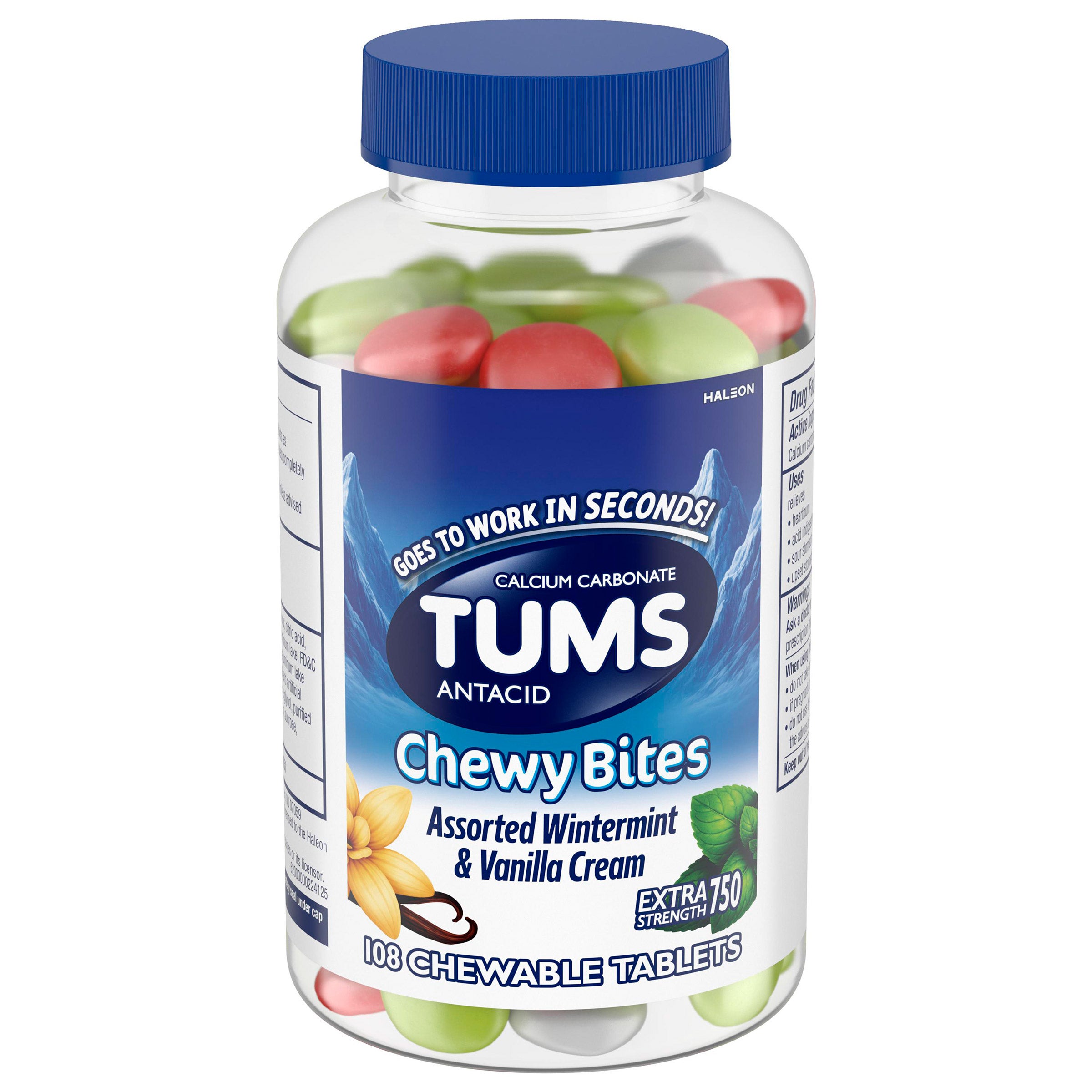 TUMS Antacid Chewy Bites Assorted Wintermint & Vanilla Cream, 108 Chewable Tablets