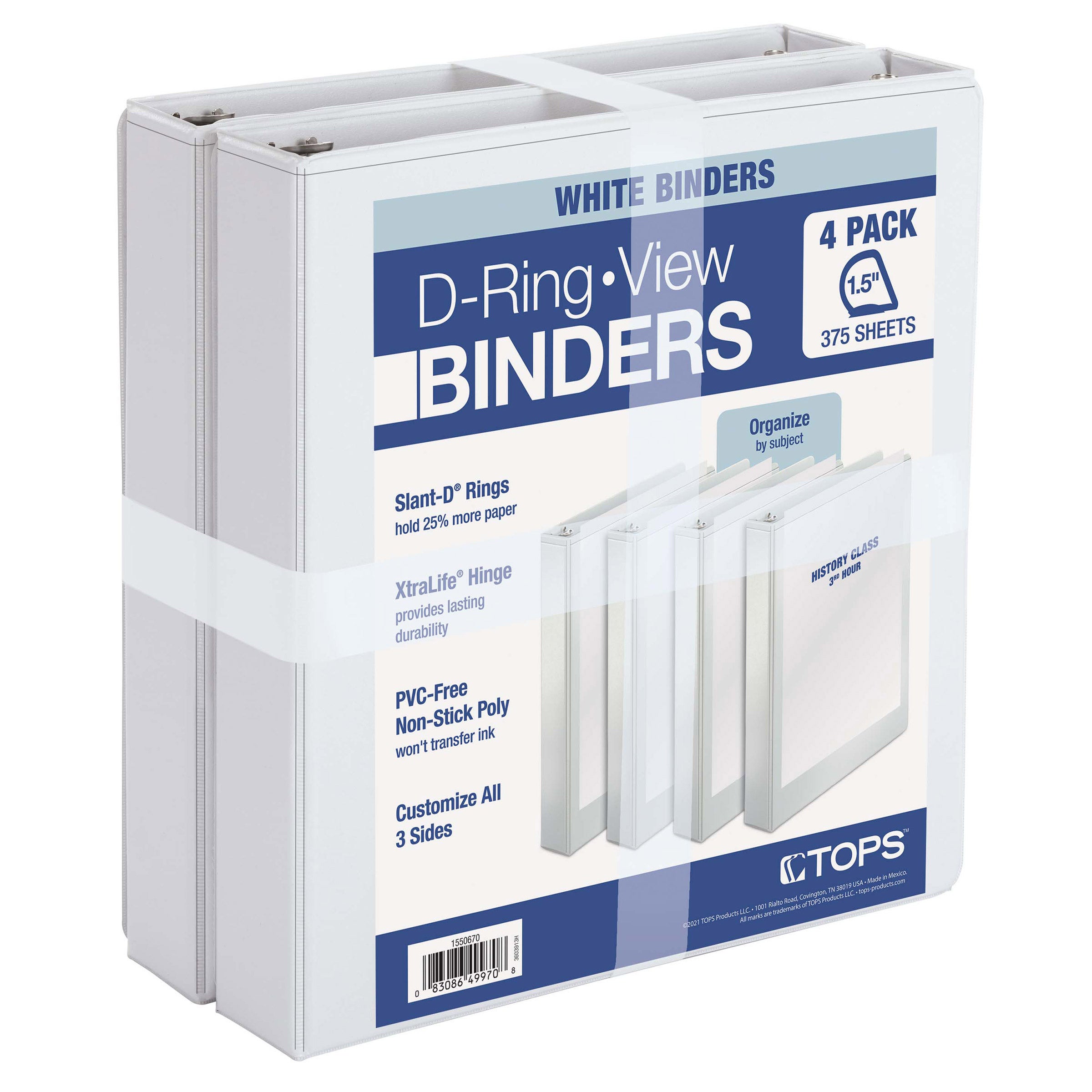 TOPS 1.5” D-Ring View Binders, 4-pack