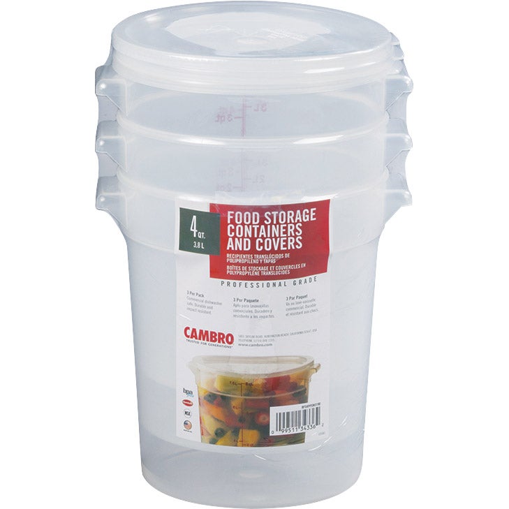Cambro Round 4 Quart Food Storage Container with Lid, 3-count