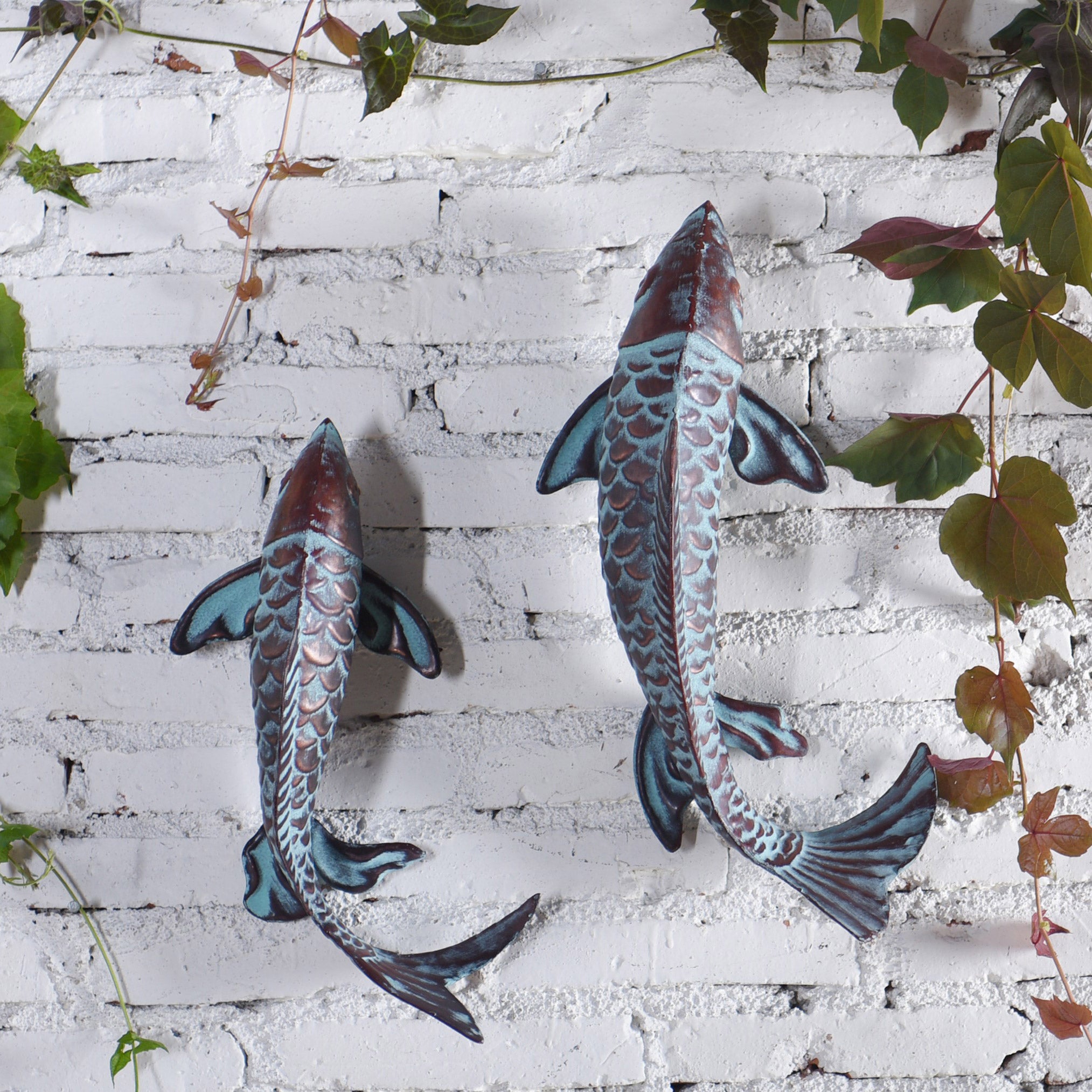 Verdigris Metal Fish Statue, 2-pack
