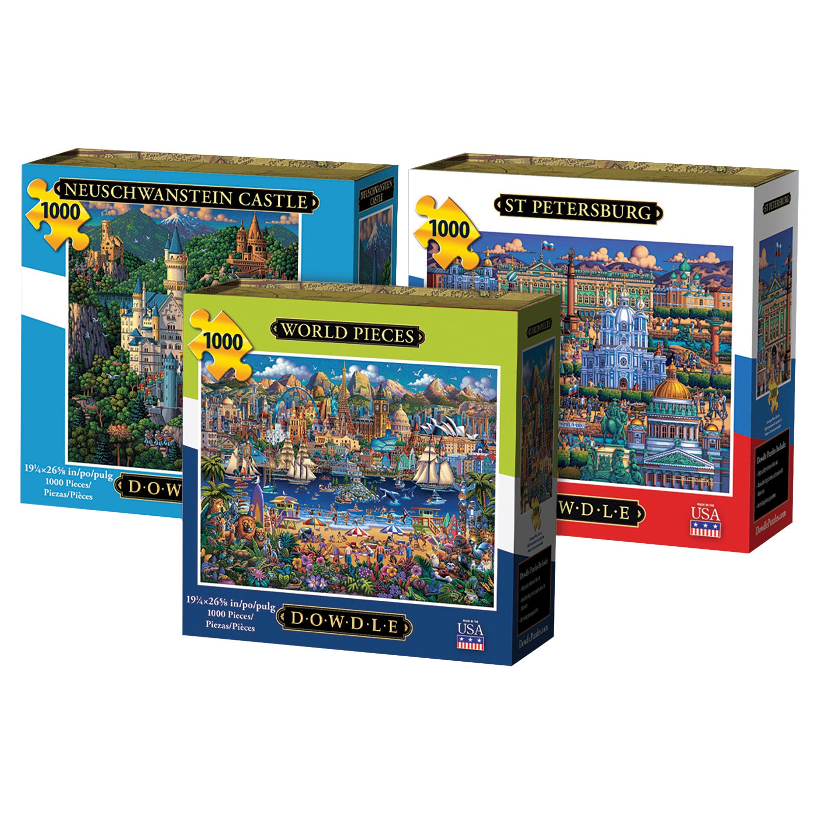 Dowdle Jigsaw Puzzle 3 Pack – 1000 piece Each – Neuschwanstein Castle, St. Petersburg & World Pieces